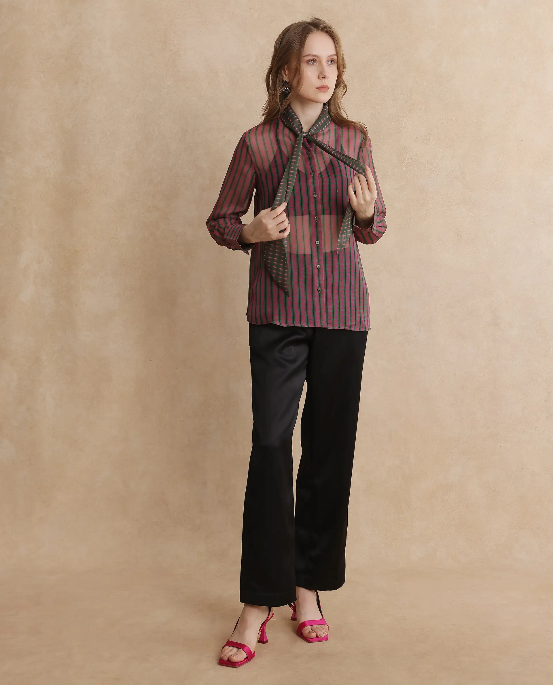 Rareism Women's Nioro Multi Polyester Tie-Up Neck Flannel Print Volume Sleeve Relaxed Fit Top - Image 11