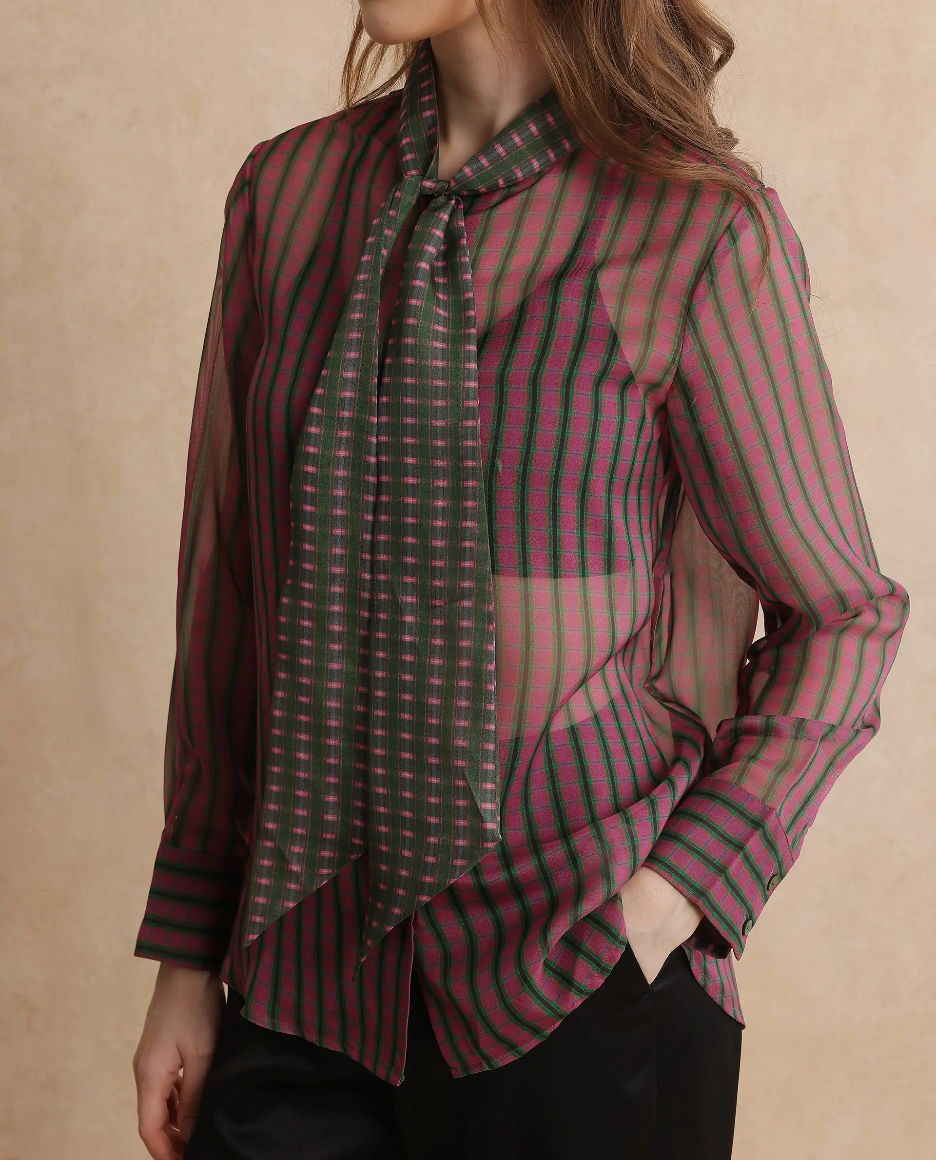 Rareism Women's Nioro Multi Polyester Tie-Up Neck Flannel Print Volume Sleeve Relaxed Fit Top - Image 3