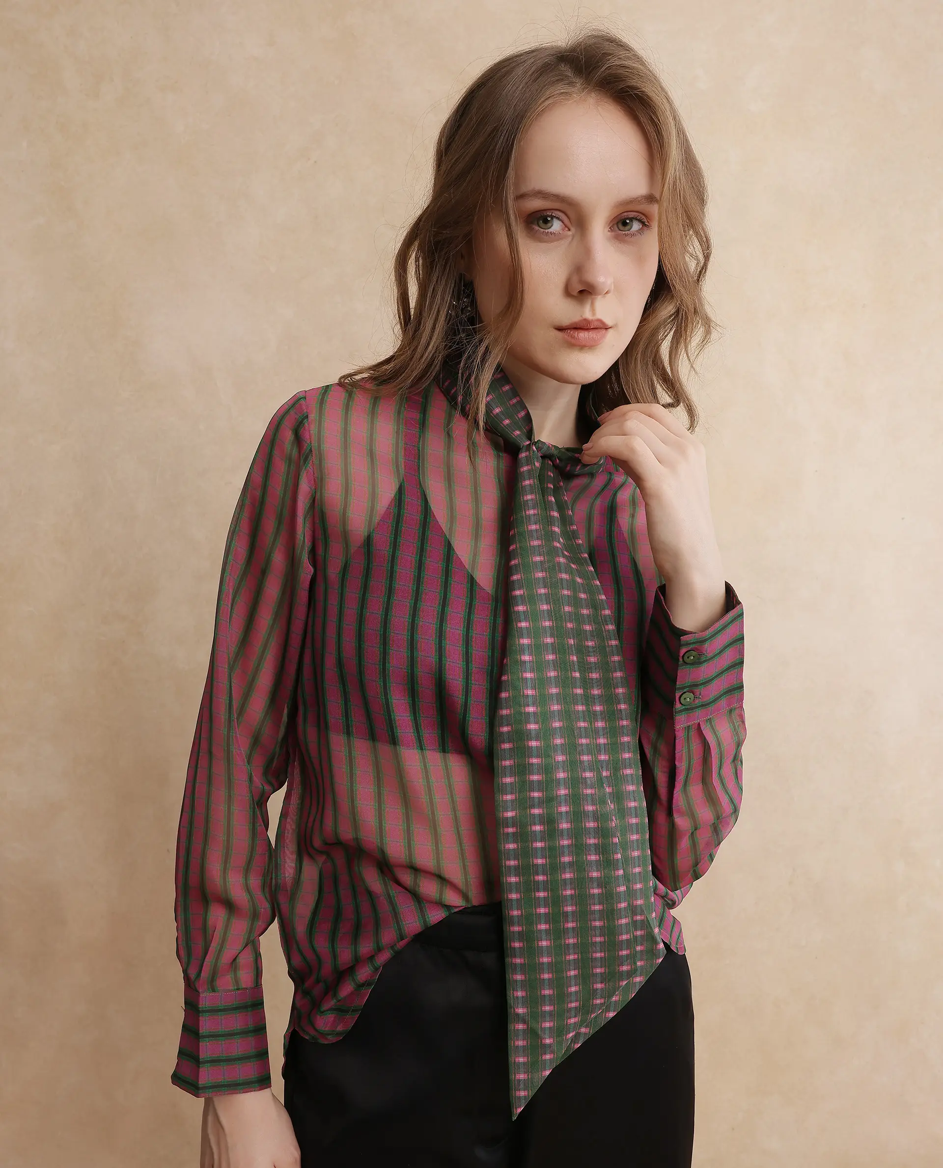 Rareism Women's Nioro Multi Polyester Tie-Up Neck Flannel Print Volume Sleeve Relaxed Fit Top - Image 6