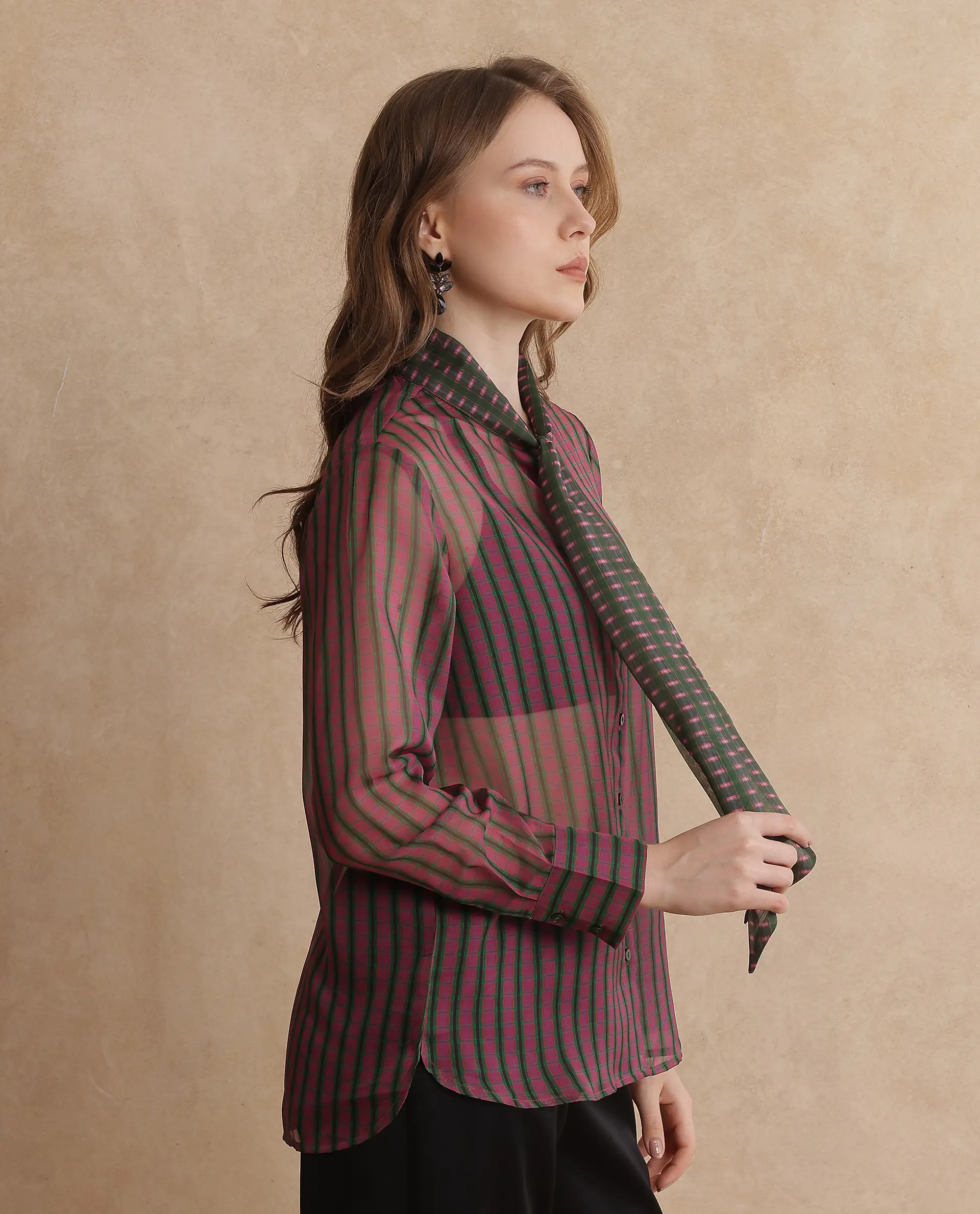 Rareism Women's Nioro Multi Polyester Tie-Up Neck Flannel Print Volume Sleeve Relaxed Fit Top - Image 7