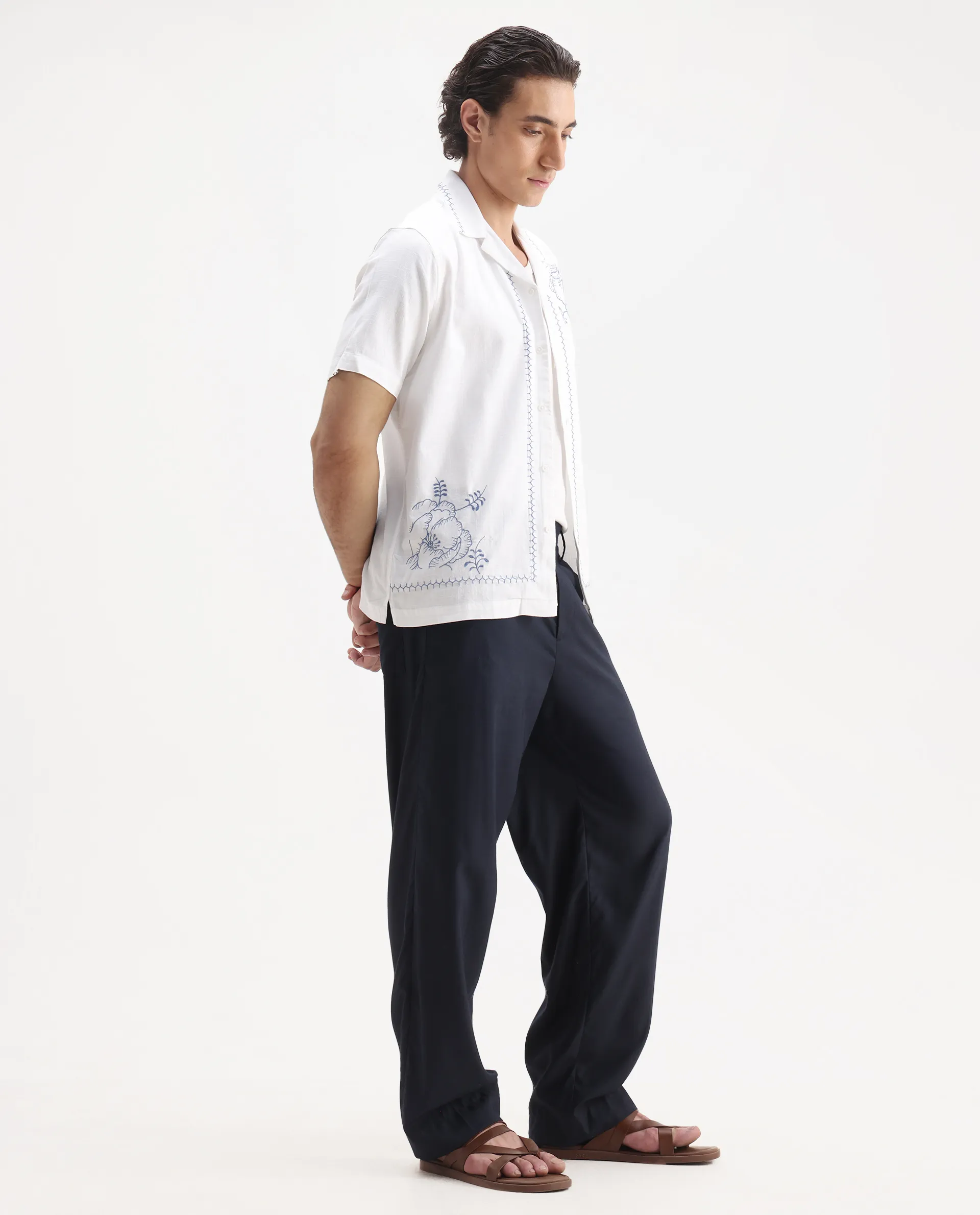Rare Rabbit Men's Niort White Cotton Embroidered Relaxed Fit Half Sleeve Cuban Collar Shirt - Image 2