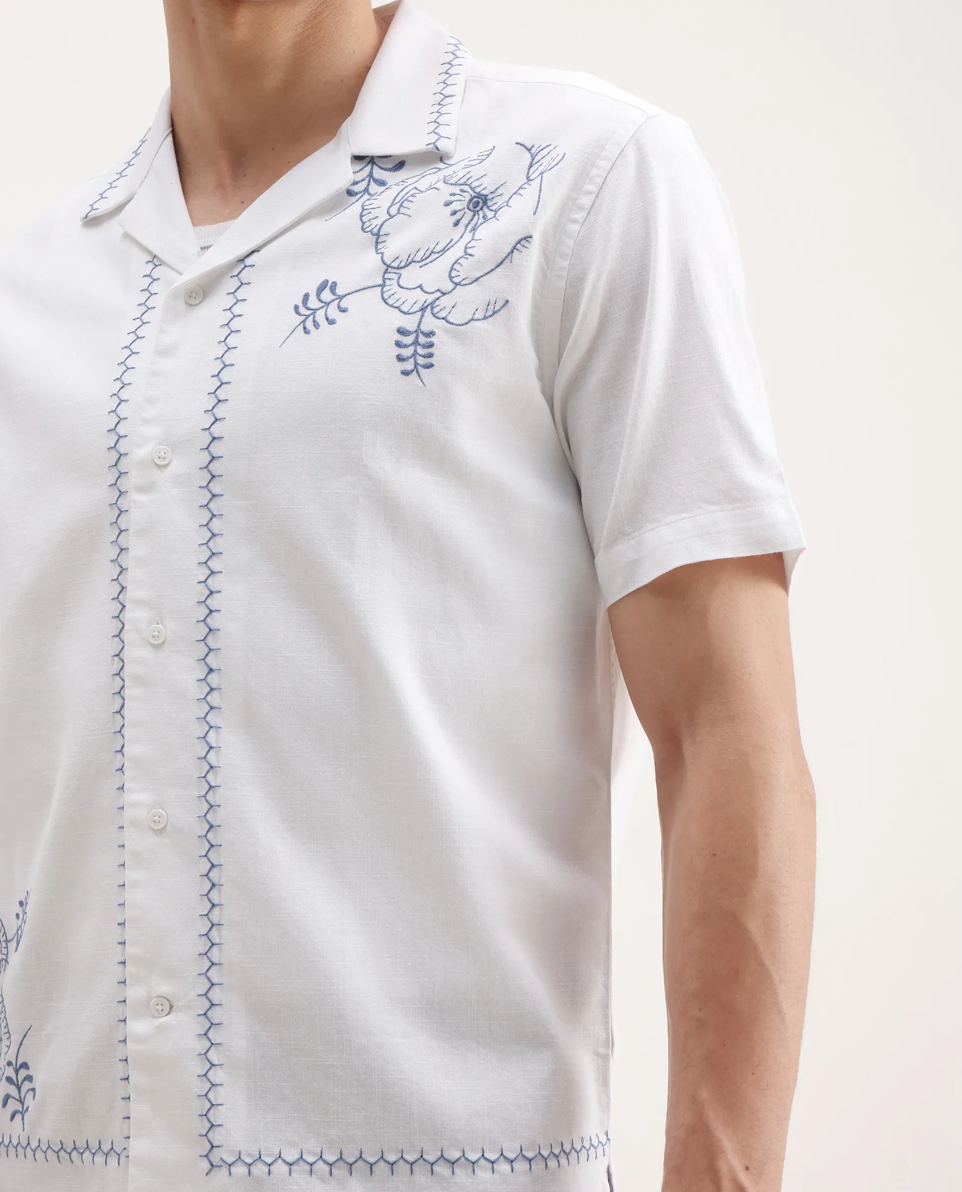 Rare Rabbit Men's Niort White Cotton Embroidered Relaxed Fit Half Sleeve Cuban Collar Shirt - Image 3