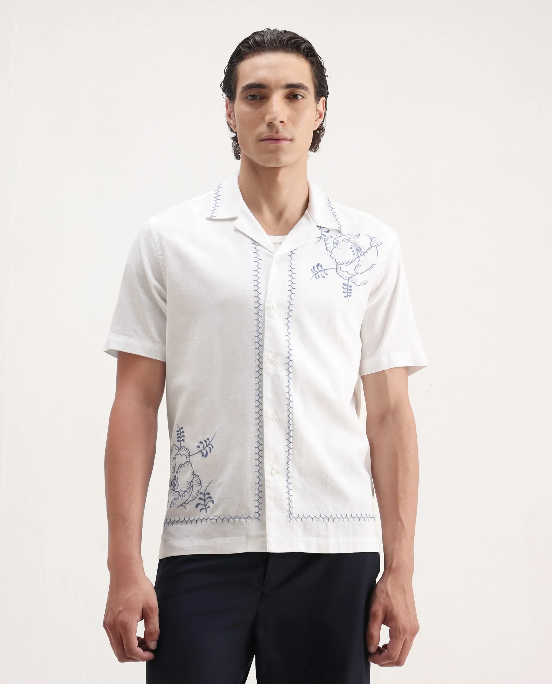 Rare Rabbit Men's Niort White Cotton Embroidered Relaxed Fit Half Sleeve Cuban Collar Shirt - Image 4