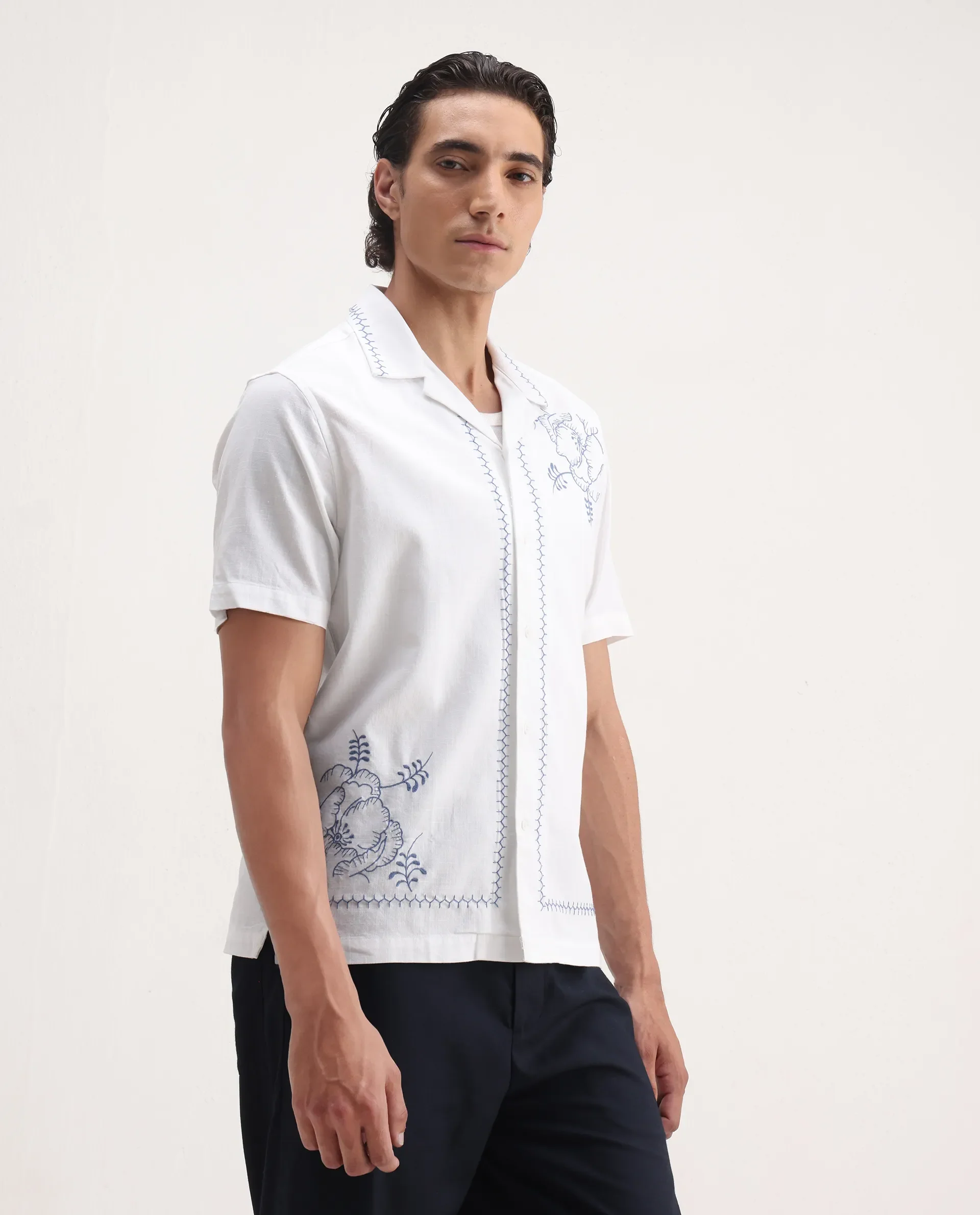 Rare Rabbit Men's Niort White Cotton Embroidered Relaxed Fit Half Sleeve Cuban Collar Shirt - Image 5
