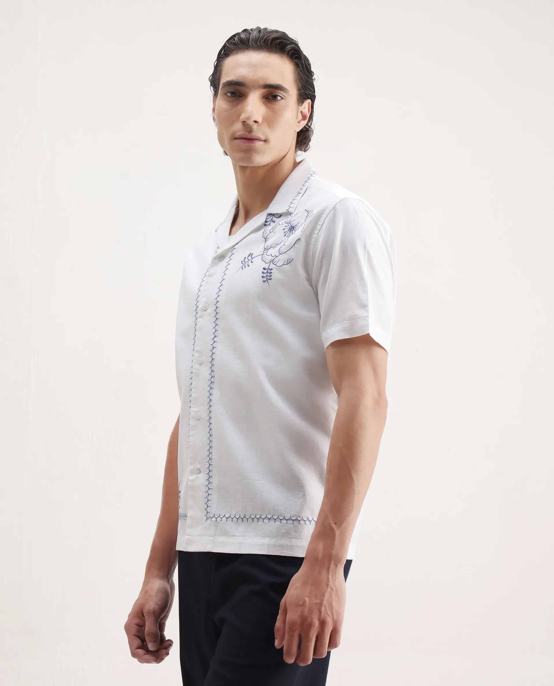Rare Rabbit Men's Niort White Cotton Embroidered Relaxed Fit Half Sleeve Cuban Collar Shirt - Image 6