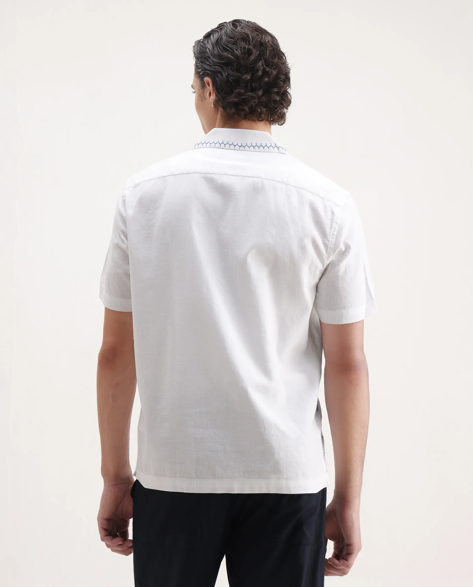 Rare Rabbit Men's Niort White Cotton Embroidered Relaxed Fit Half Sleeve Cuban Collar Shirt - Image 7