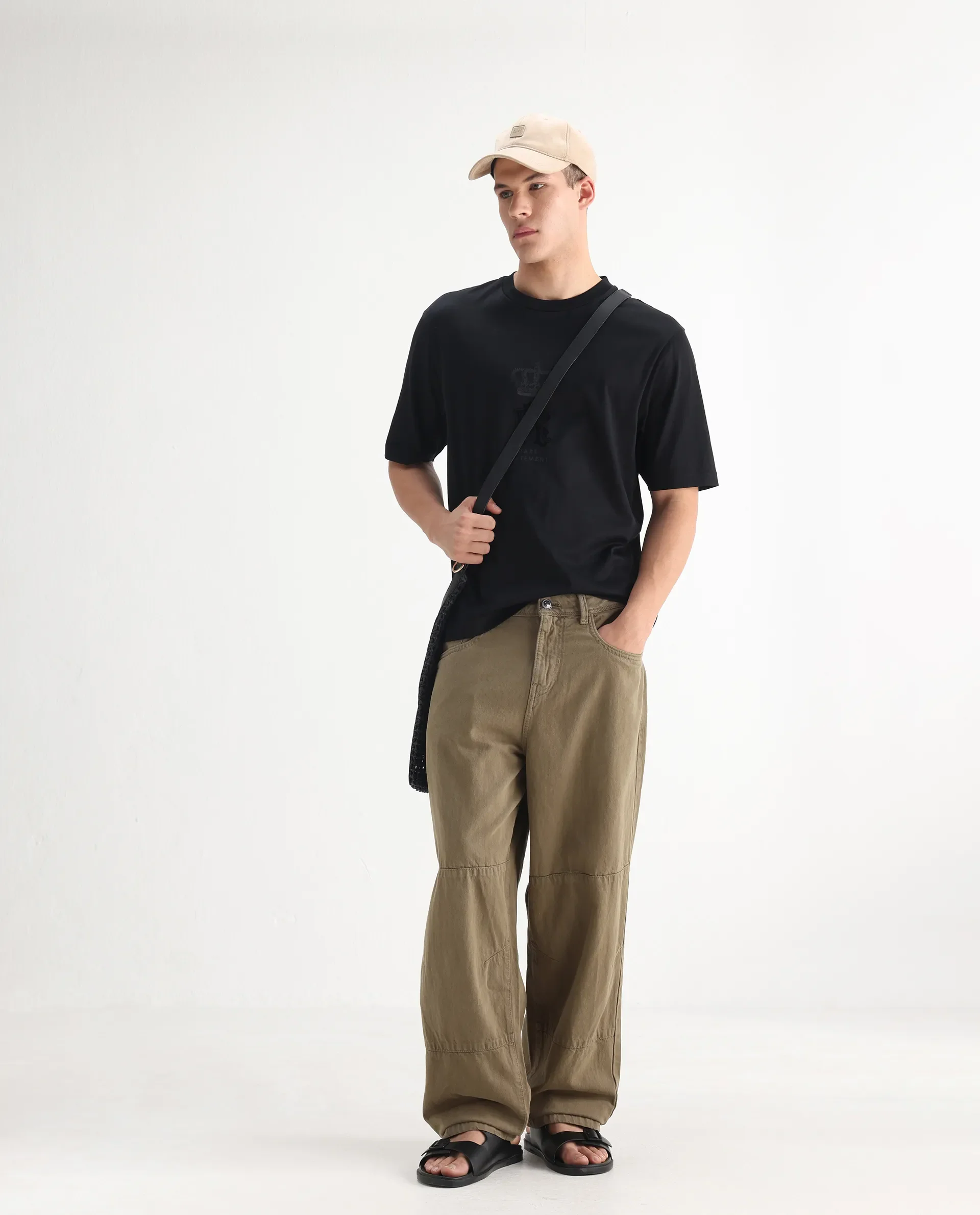 Rare Rabbit Men's Niot Khaki Cotton Plain Baggy Fit Jeans