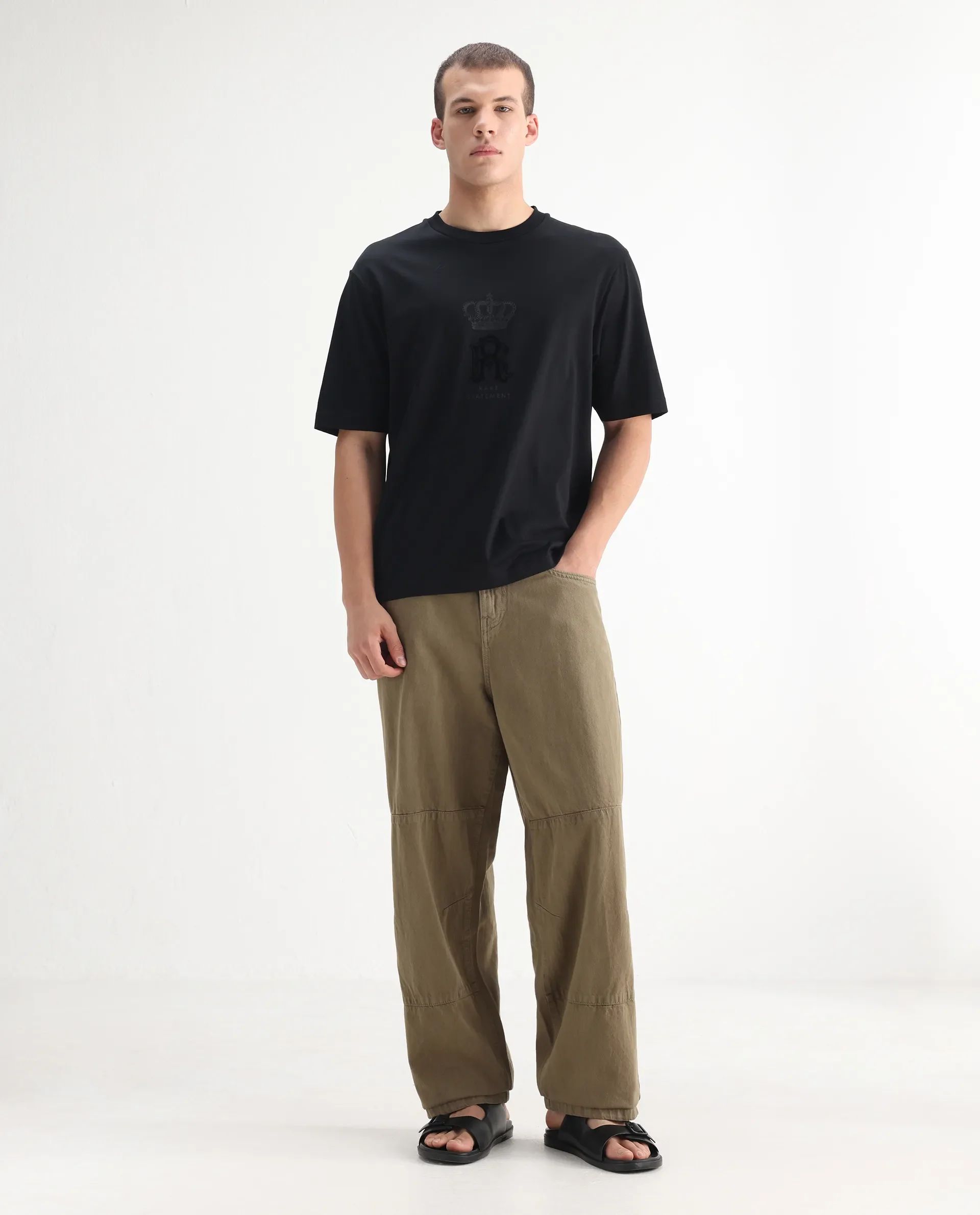 Rare Rabbit Men's Niot Khaki Cotton Plain Baggy Fit Jeans - Image 3