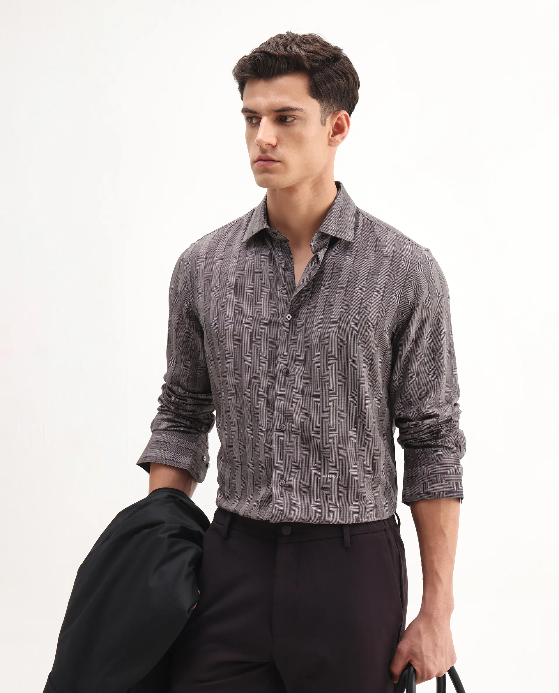 Rare Rabbit Men's Nira Brown Viscose Geometric Print Regular Fit Full Sleeve Collared Shirt