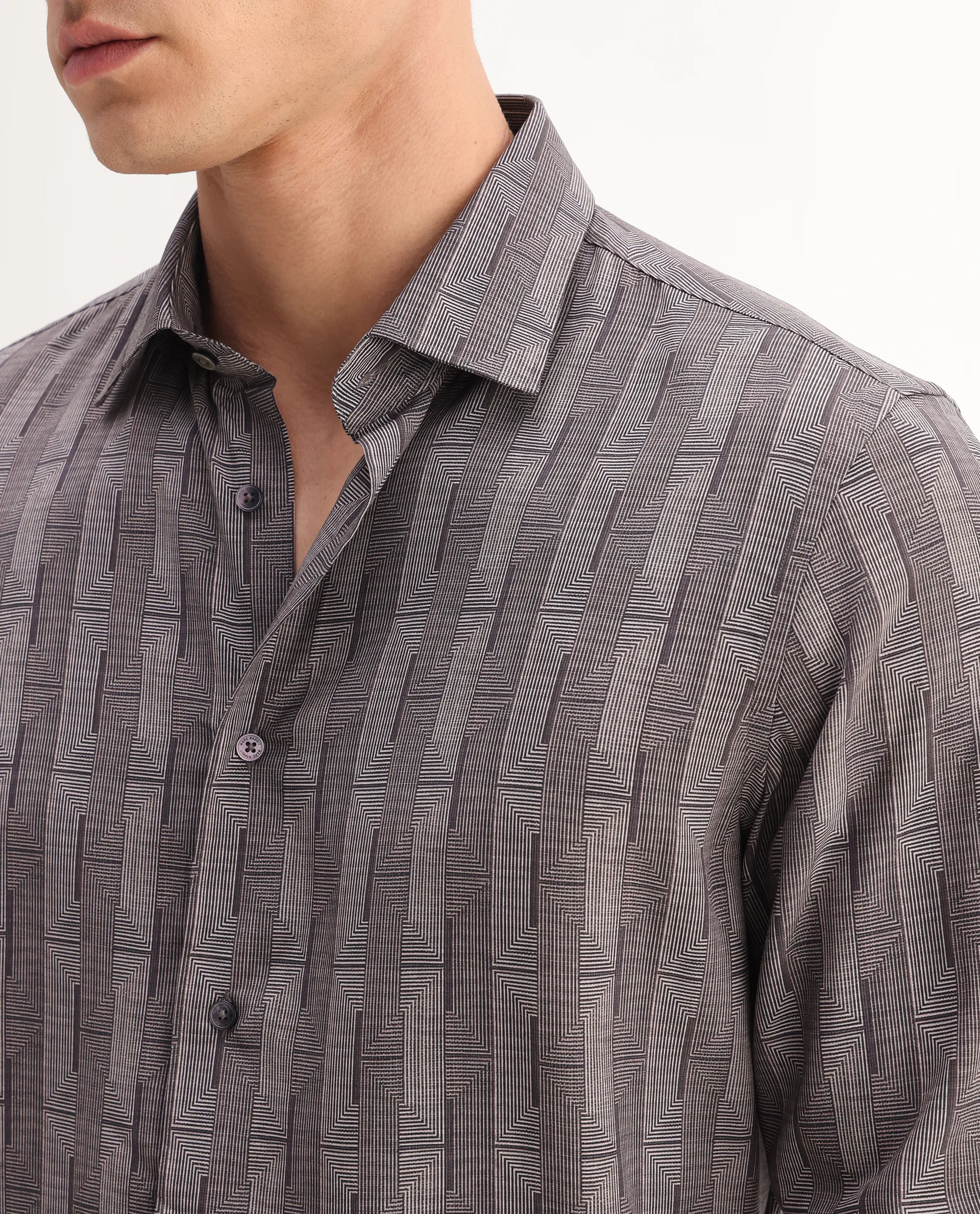 Rare Rabbit Men's Nira Brown Viscose Geometric Print Regular Fit Full Sleeve Collared Shirt - Image 3