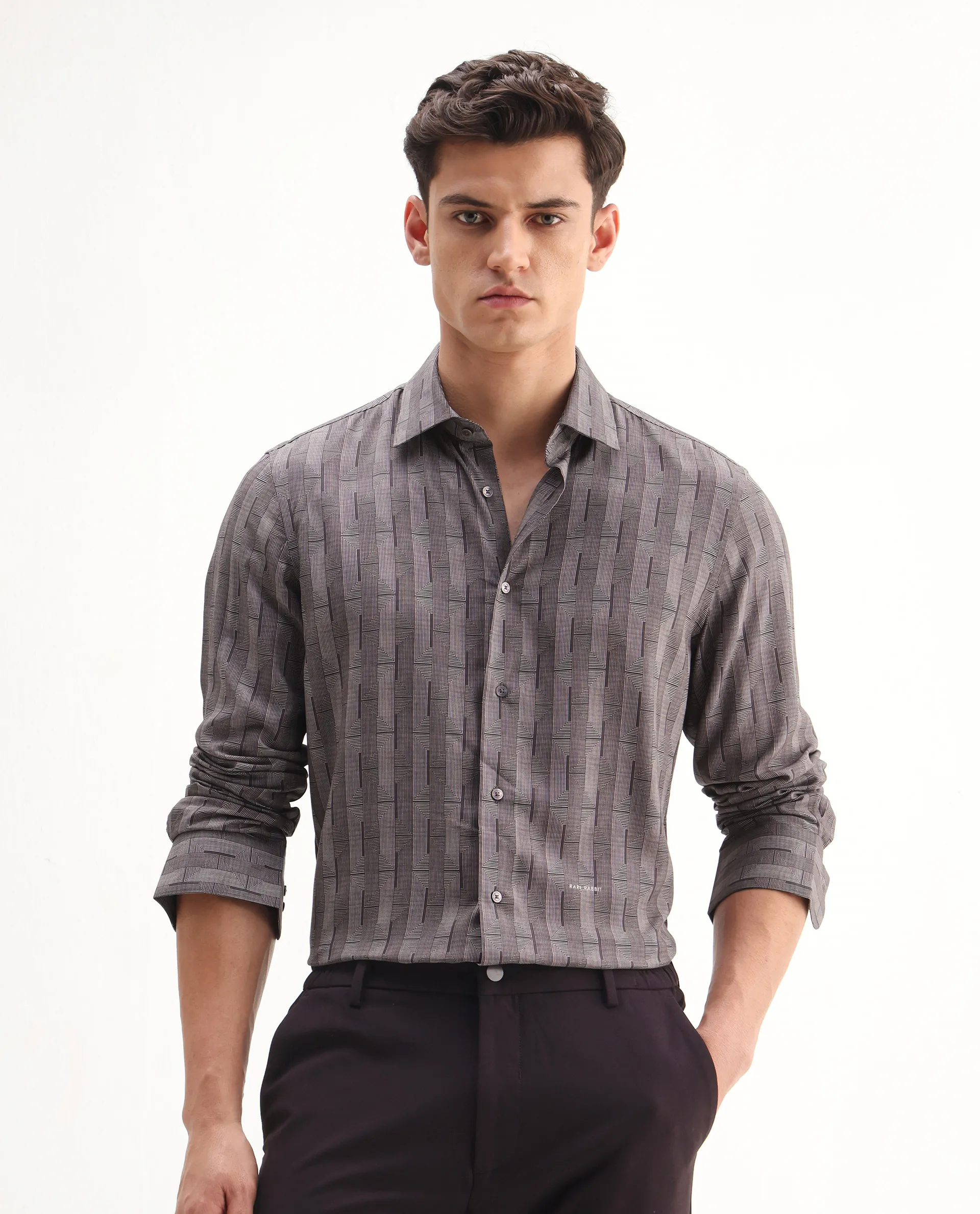 Rare Rabbit Men's Nira Brown Viscose Geometric Print Regular Fit Full Sleeve Collared Shirt - Image 4