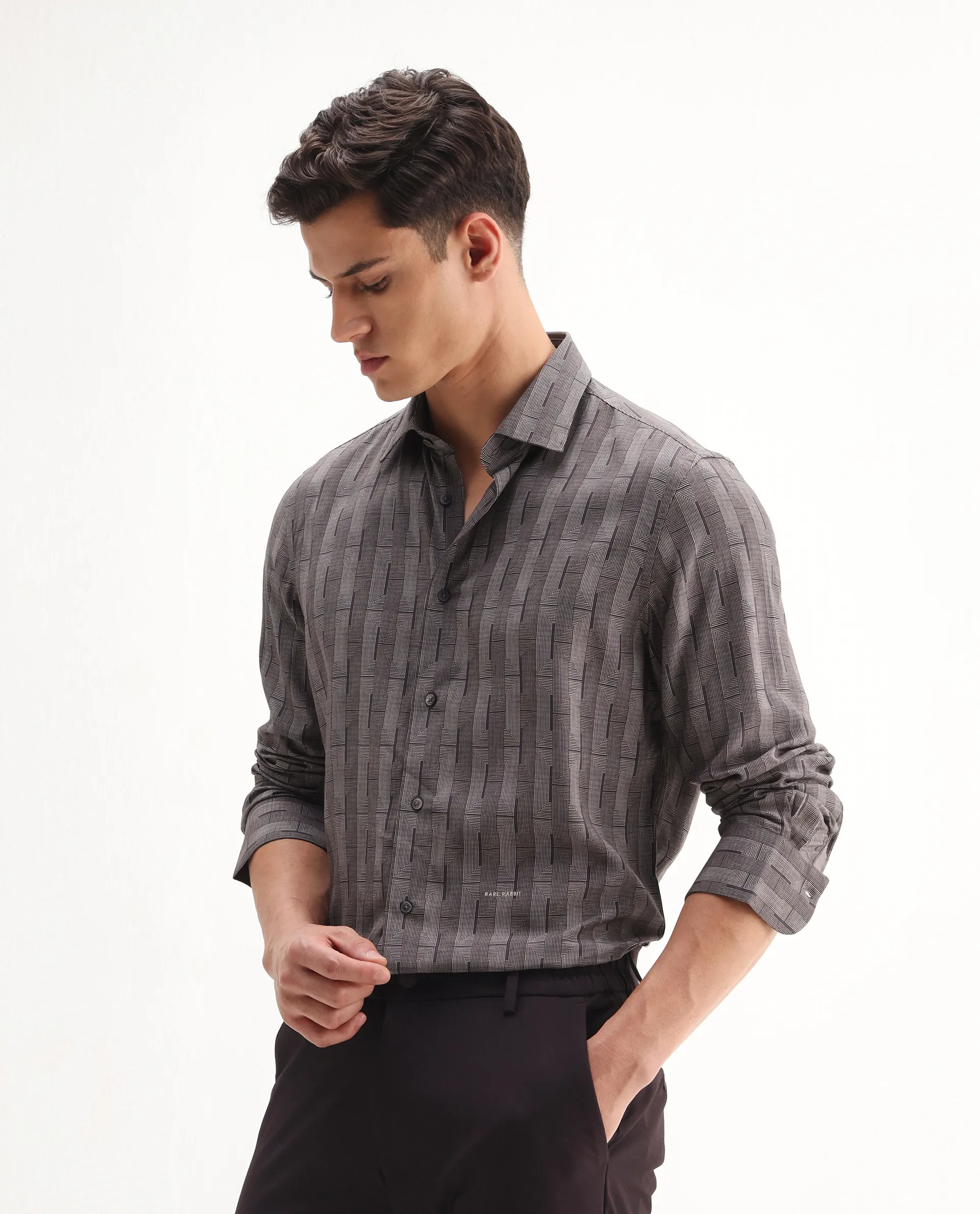 Rare Rabbit Men's Nira Brown Viscose Geometric Print Regular Fit Full Sleeve Collared Shirt - Image 5