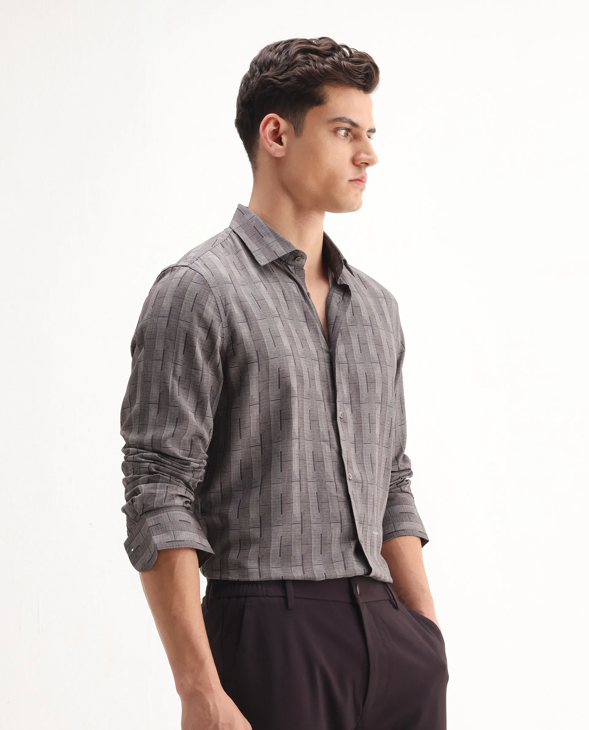 Rare Rabbit Men's Nira Brown Viscose Geometric Print Regular Fit Full Sleeve Collared Shirt - Image 6