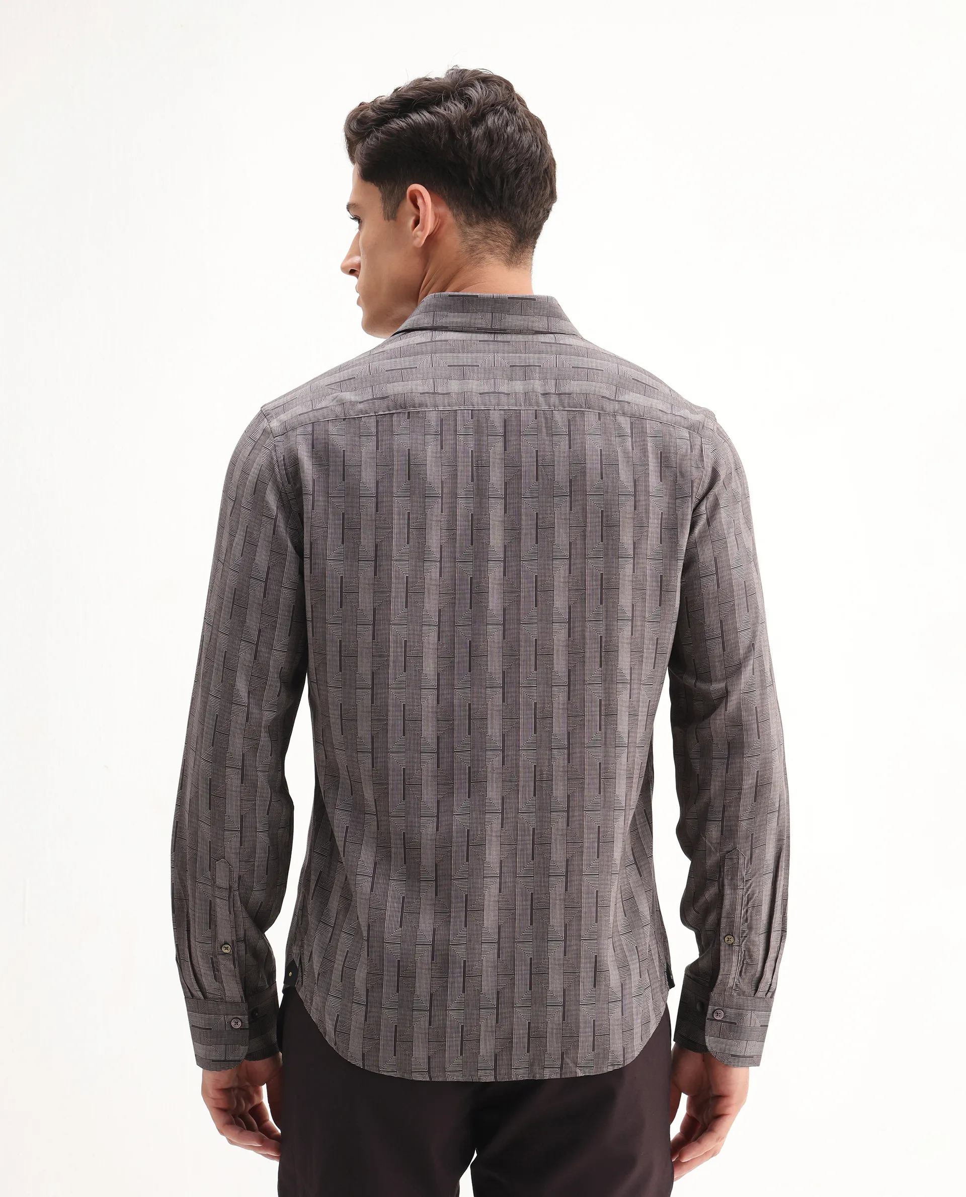 Rare Rabbit Men's Nira Brown Viscose Geometric Print Regular Fit Full Sleeve Collared Shirt - Image 7