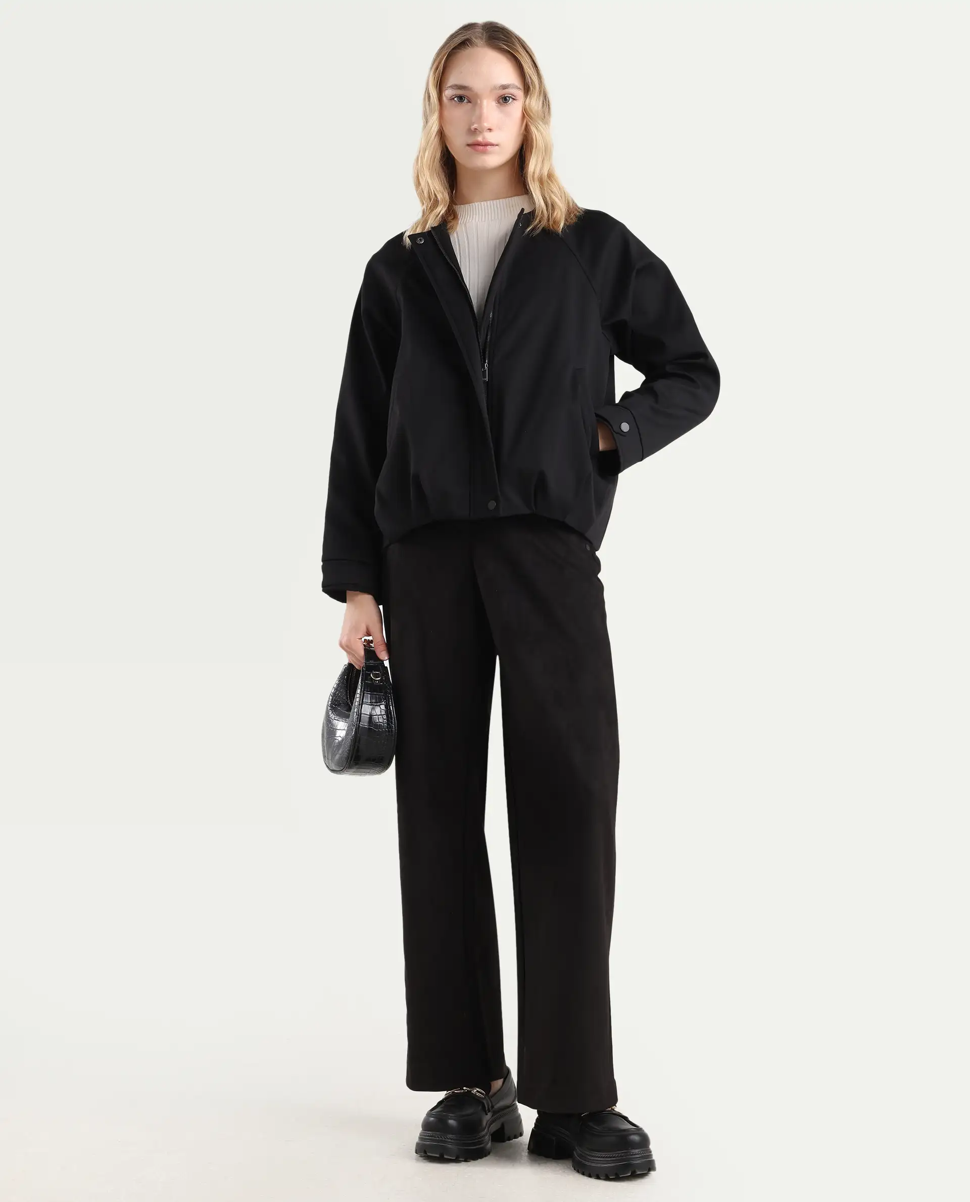 Rareism Women's Nira Black Polyester Crew Neck Relaxed Fit Jacket - Image 2