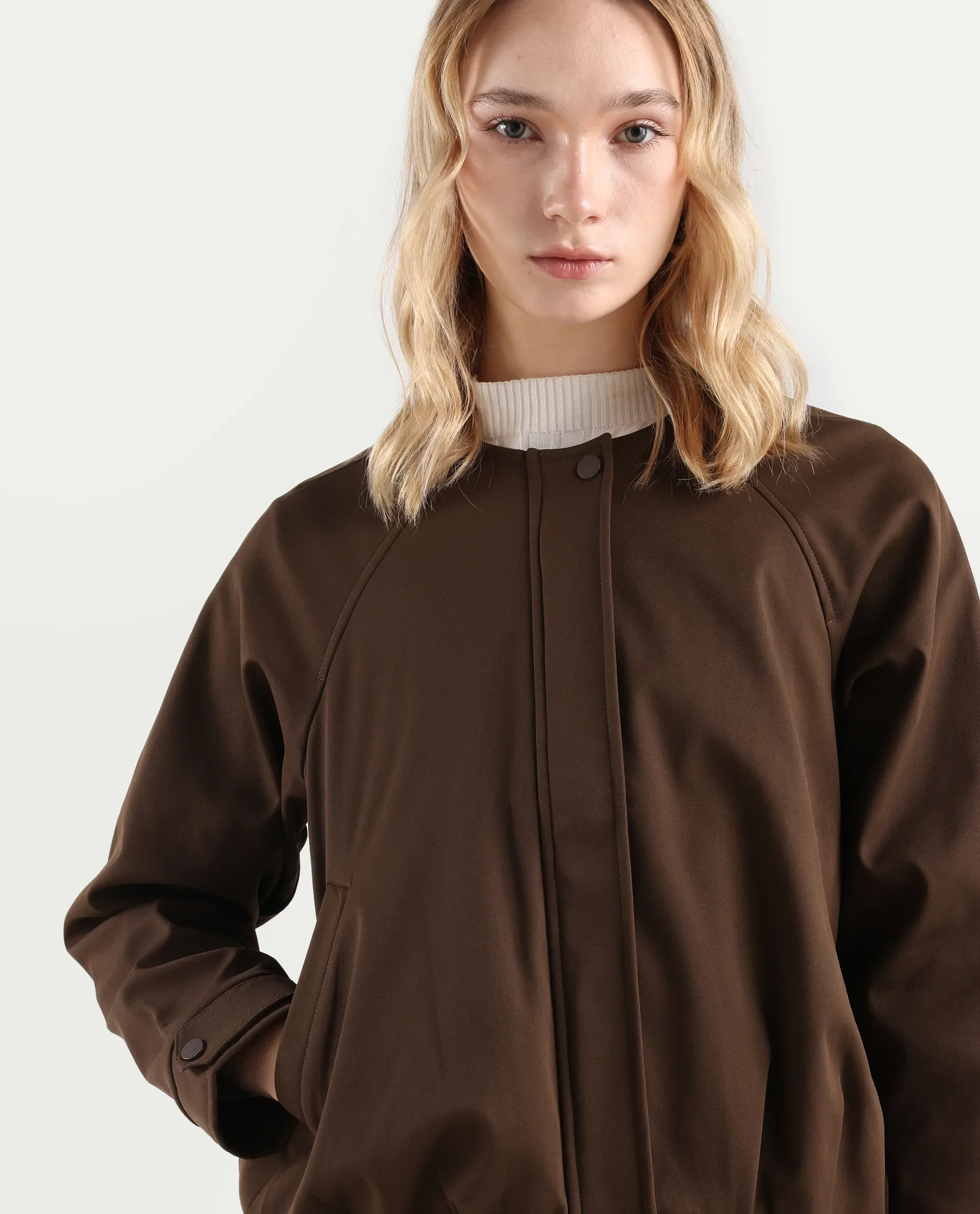 Rareism Women's Nira Coffee Polyester Crew Neck Relaxed Fit Jacket