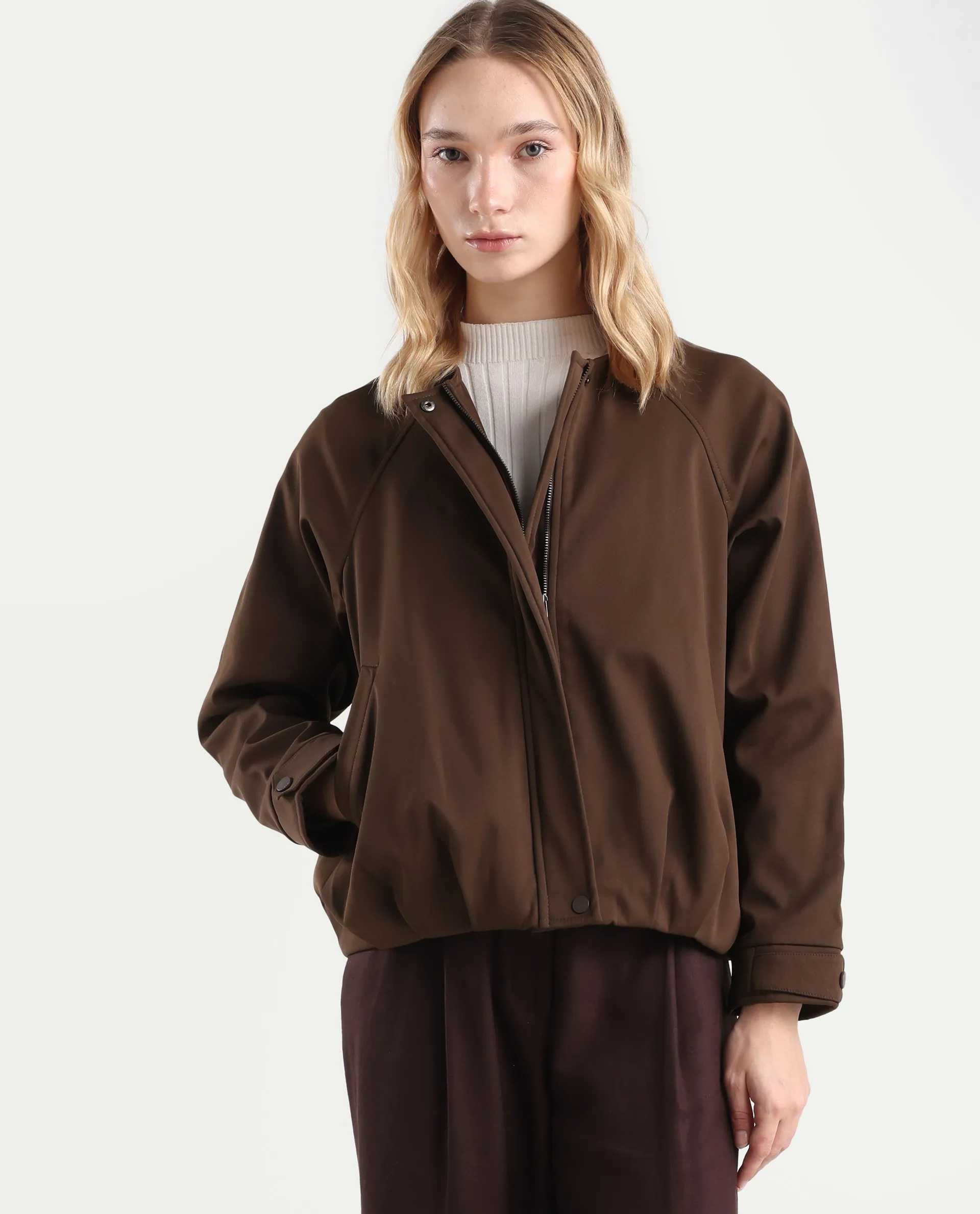 Rareism Women's Nira Coffee Polyester Crew Neck Relaxed Fit Jacket - Image 2