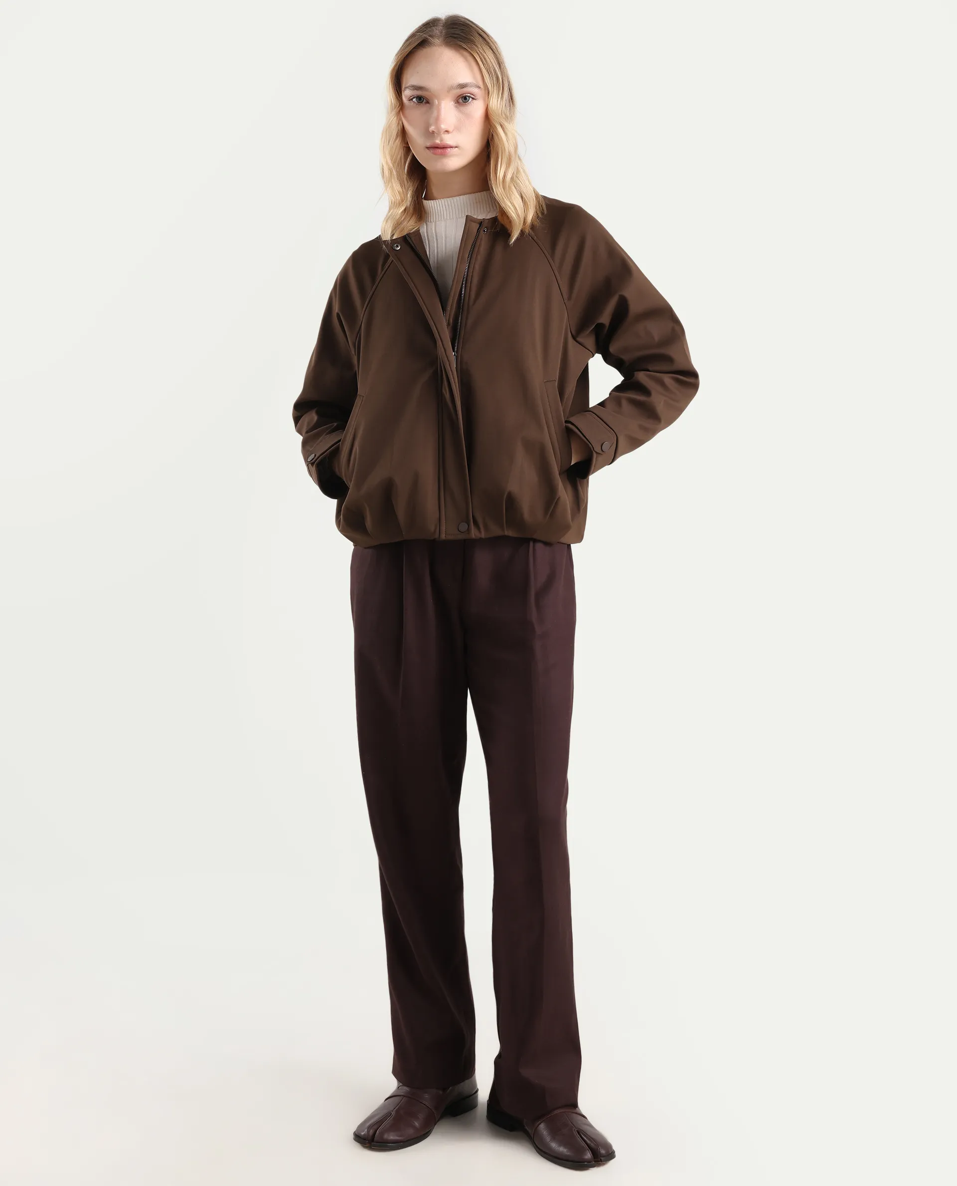 Rareism Women's Nira Coffee Polyester Crew Neck Relaxed Fit Jacket - Image 3