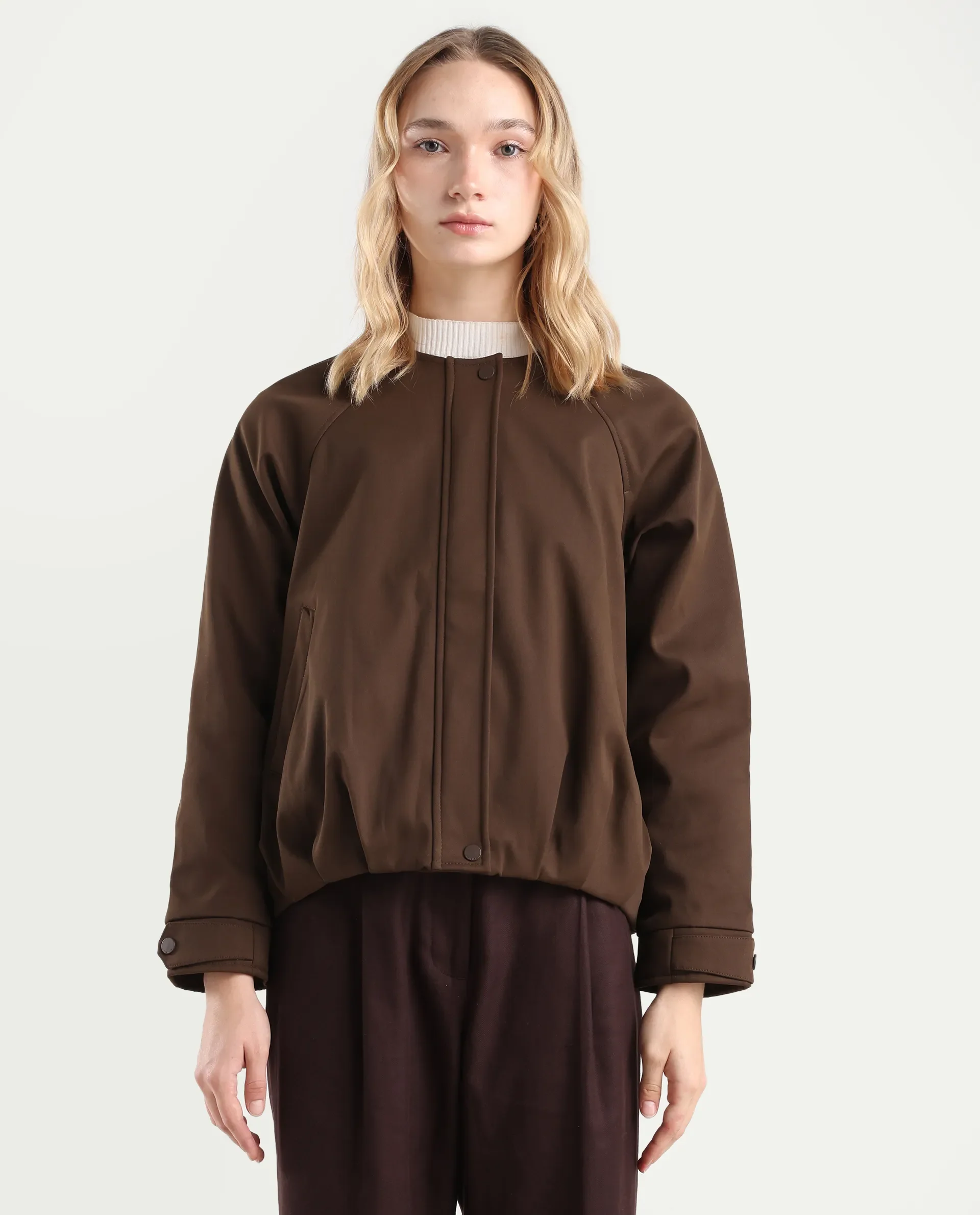 Rareism Women's Nira Coffee Polyester Crew Neck Relaxed Fit Jacket - Image 4