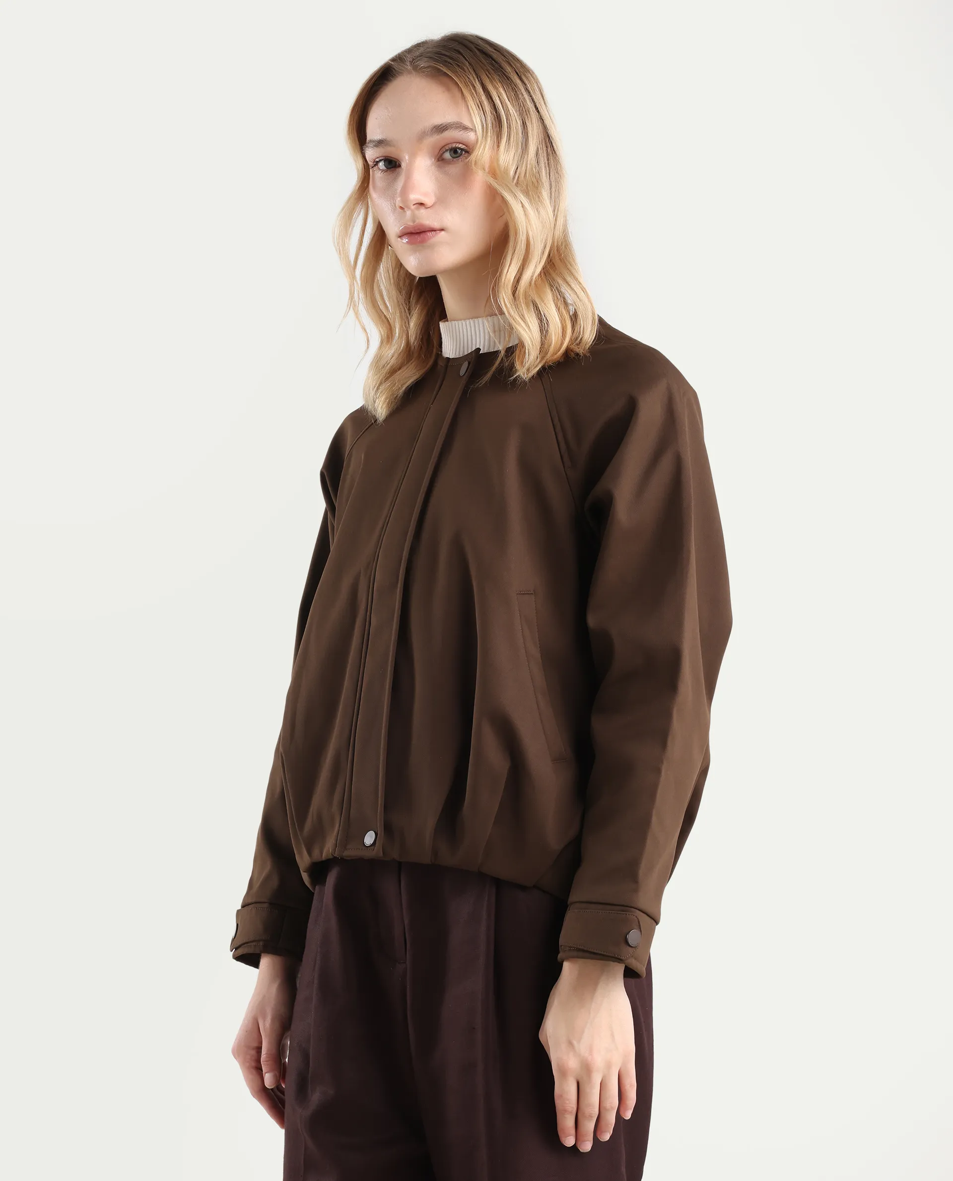 Rareism Women's Nira Coffee Polyester Crew Neck Relaxed Fit Jacket - Image 5
