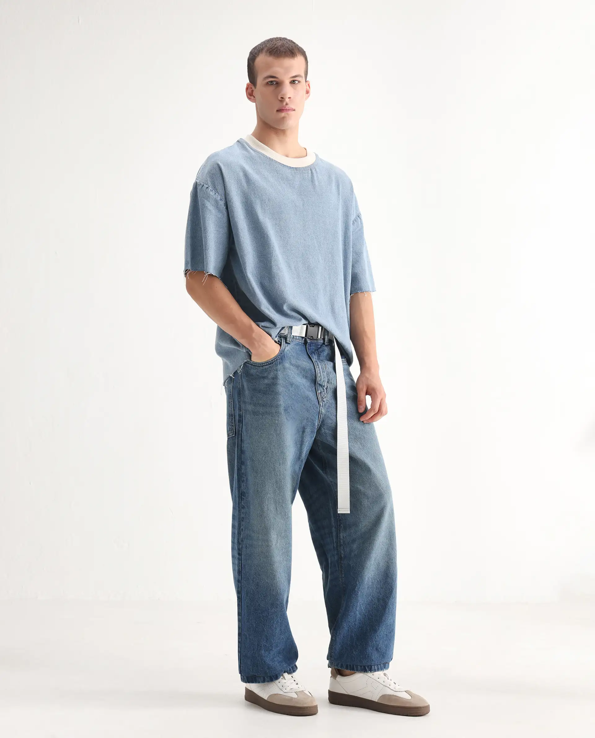 Rare Rabbit Men's Niret Blue Cotton Plain Baggy Fit Jeans - Image 6
