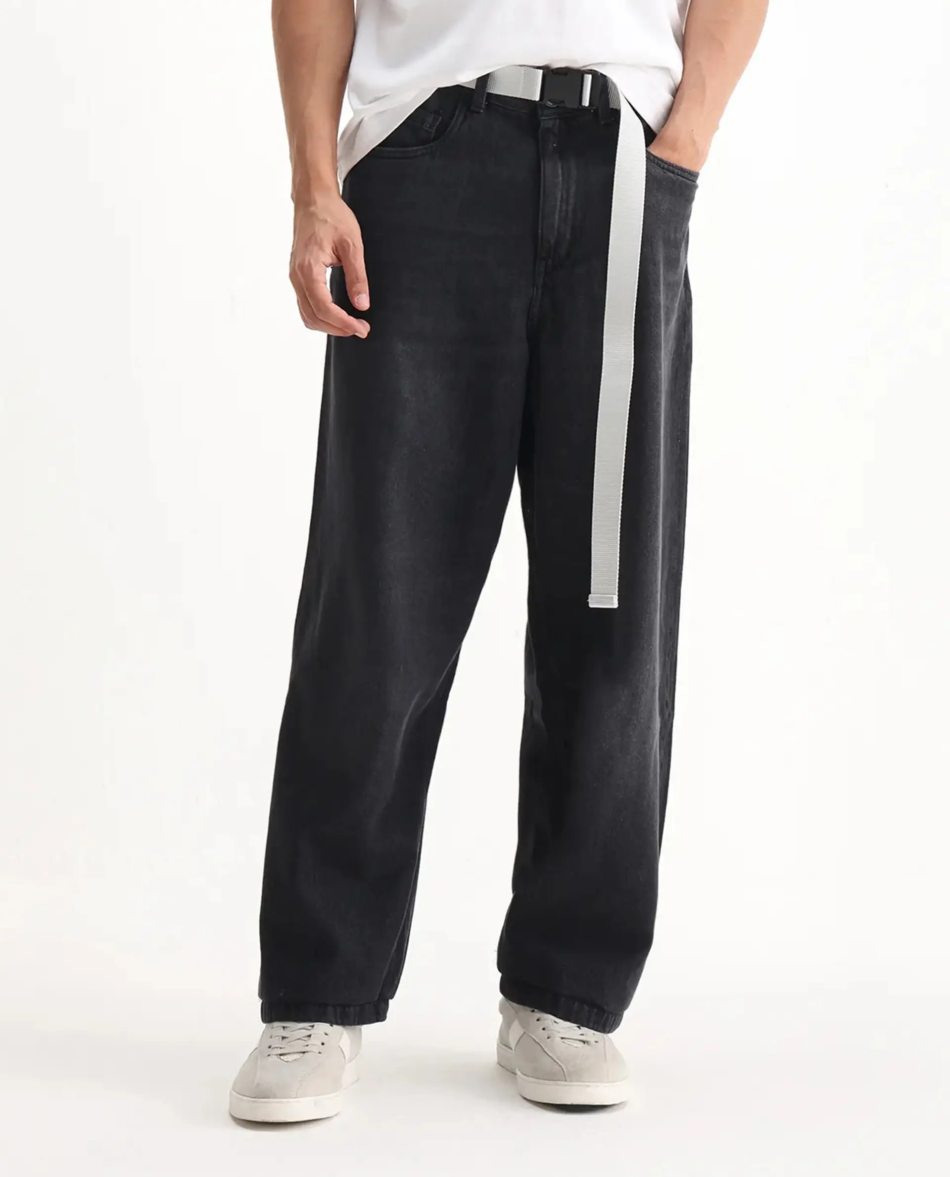 Rare Rabbit Men's Niret Dark Grey Cotton Plain Baggy Fit Jeans - Image 10