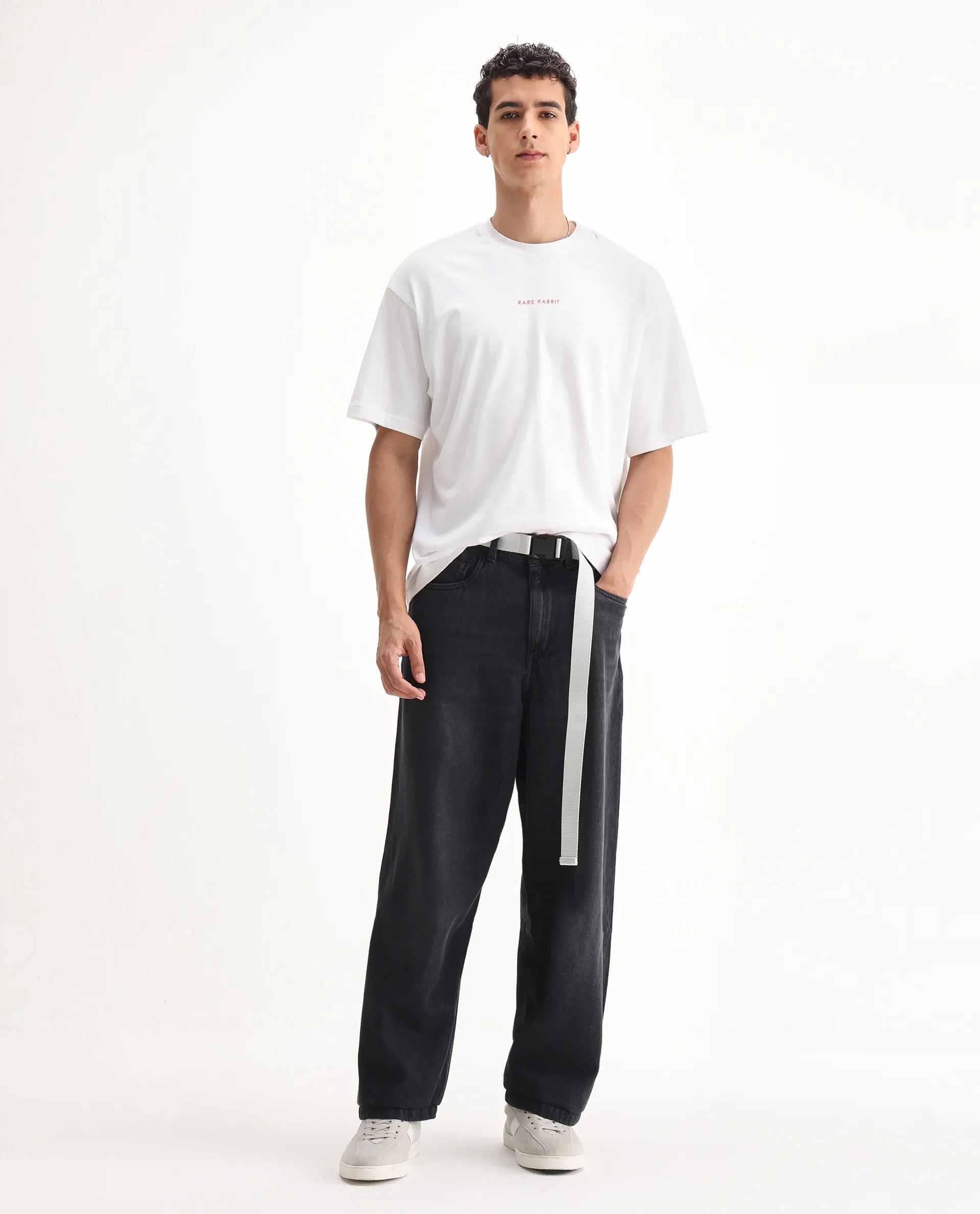Rare Rabbit Men's Niret Dark Grey Cotton Plain Baggy Fit Jeans - Image 4