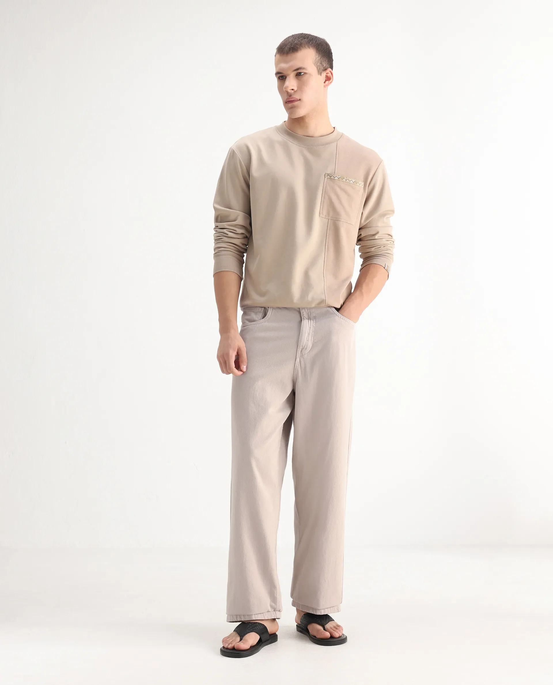 Rare Rabbit Men's Niretor-2 Beige Cotton Plain Baggy Fit Jeans