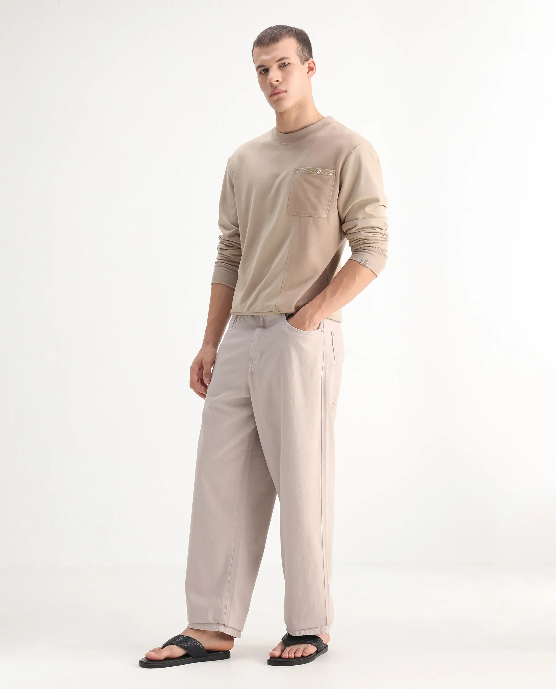 Rare Rabbit Men's Niretor-2 Beige Cotton Plain Baggy Fit Jeans - Image 3