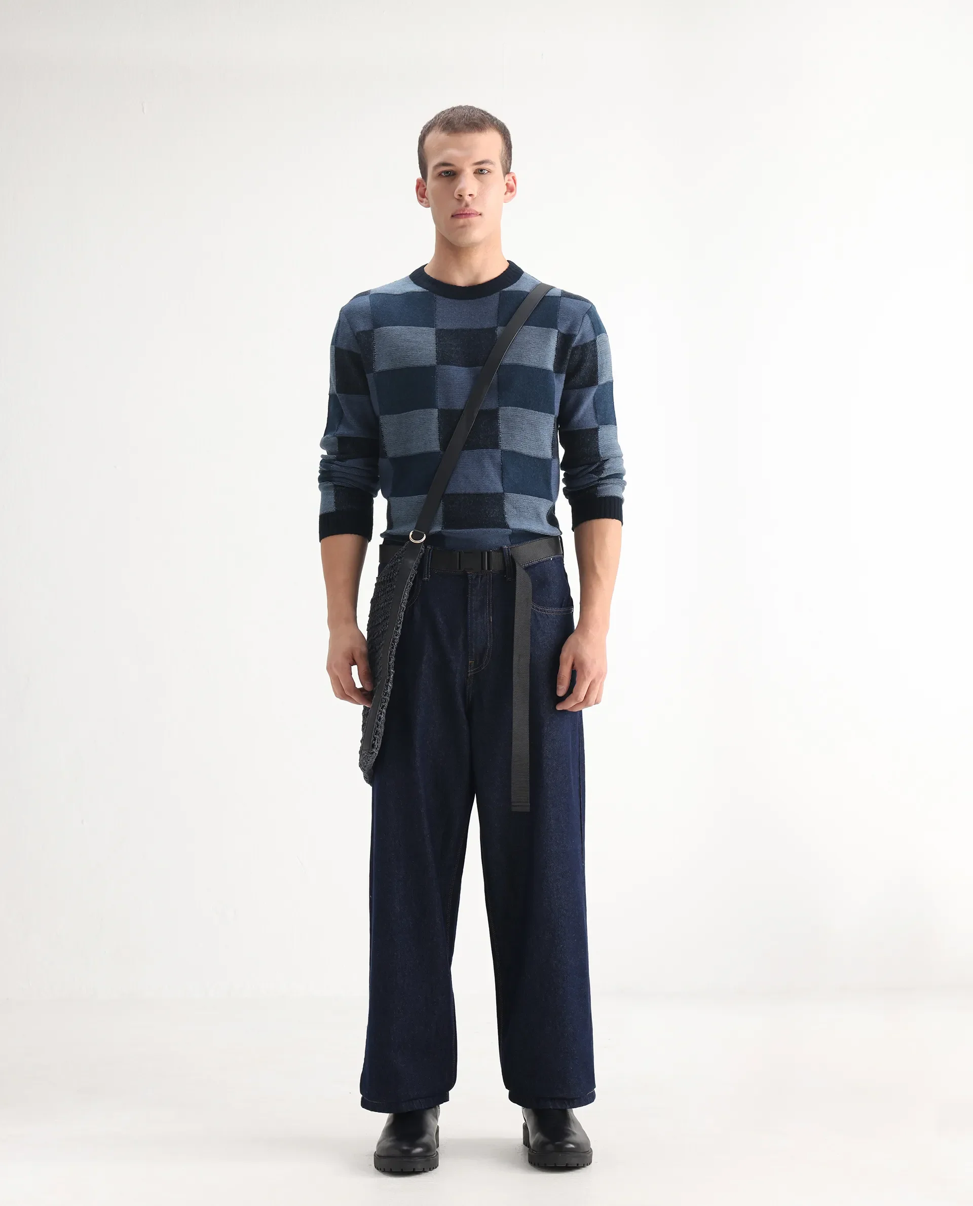 Rare Rabbit Men's Niretor Dark Cotton Plain Baggy Fit Jeans