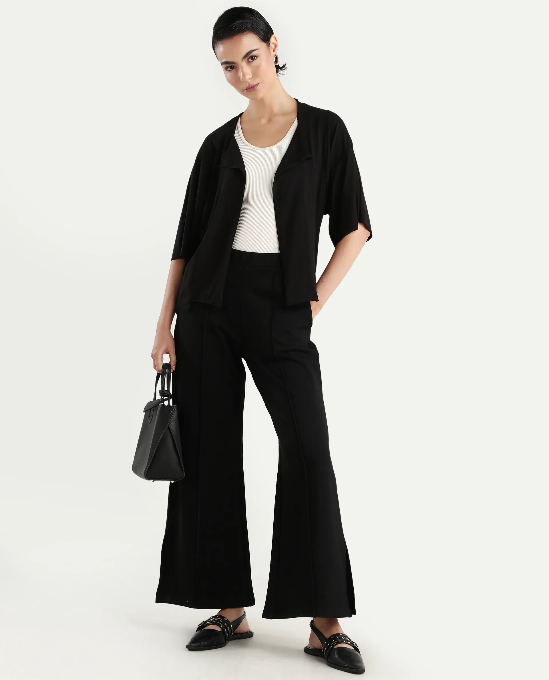 Rareism Women's Nirv Black Cotton Collarless Plain Relaxed Fit Shrug - Image 2