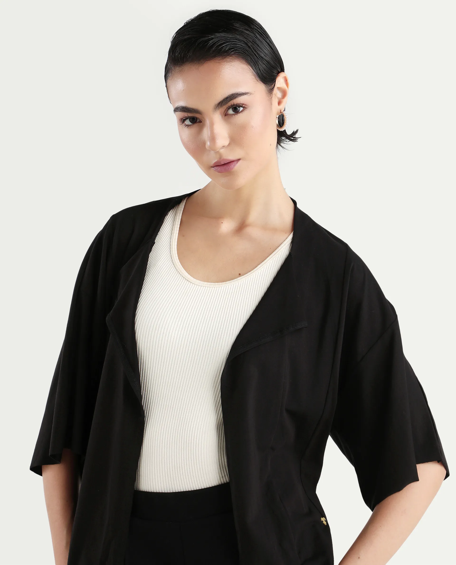 Rareism Women's Nirv Black Cotton Collarless Plain Relaxed Fit Shrug - Image 4