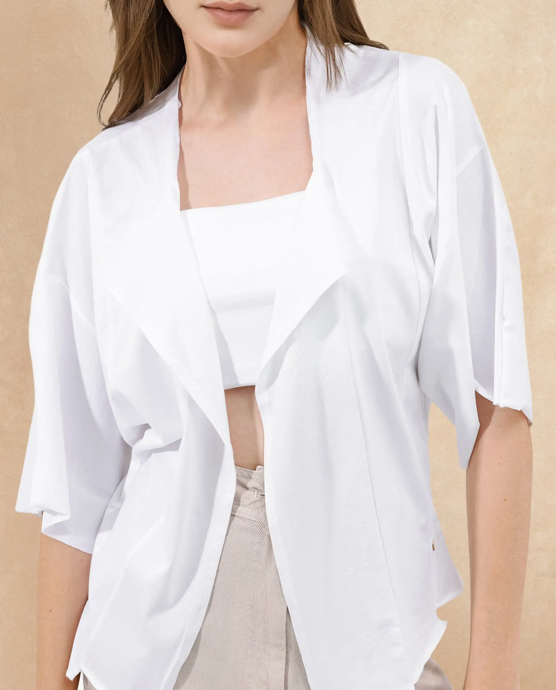 Rareism Women's Nirv White Cotton Collarless Plain Relaxed Fit Shrug - Image 2