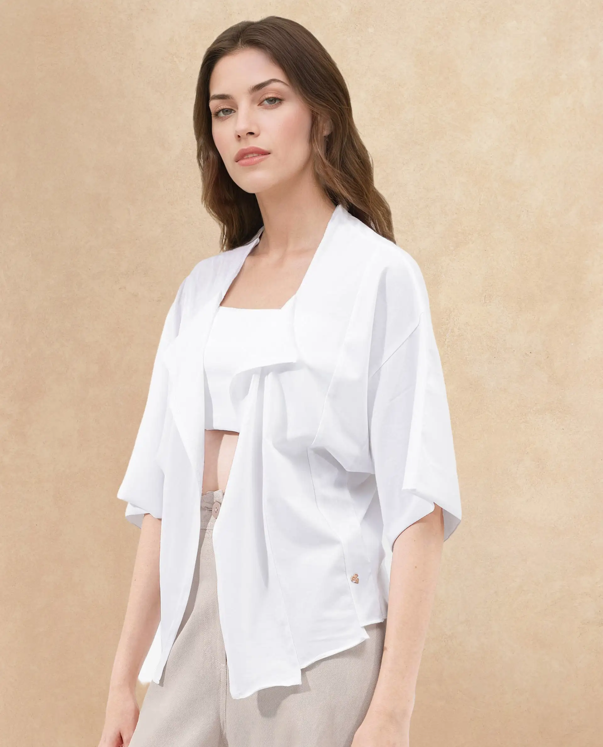 Rareism Women's Nirv White Cotton Collarless Plain Relaxed Fit Shrug - Image 3