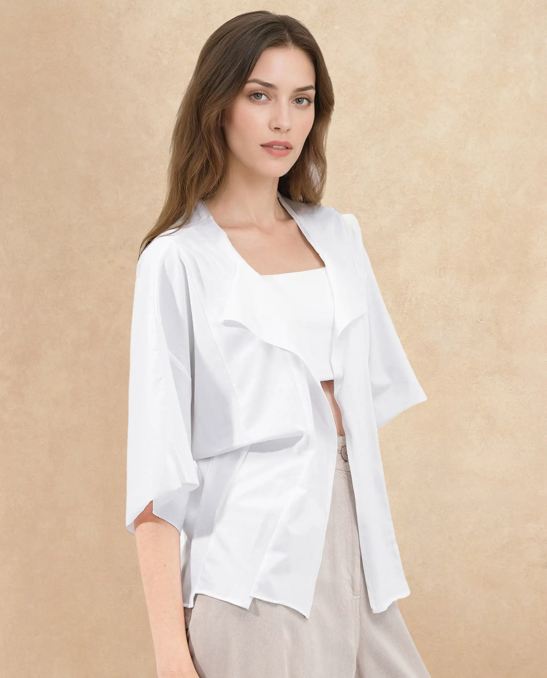 Rareism Women's Nirv White Cotton Collarless Plain Relaxed Fit Shrug - Image 4