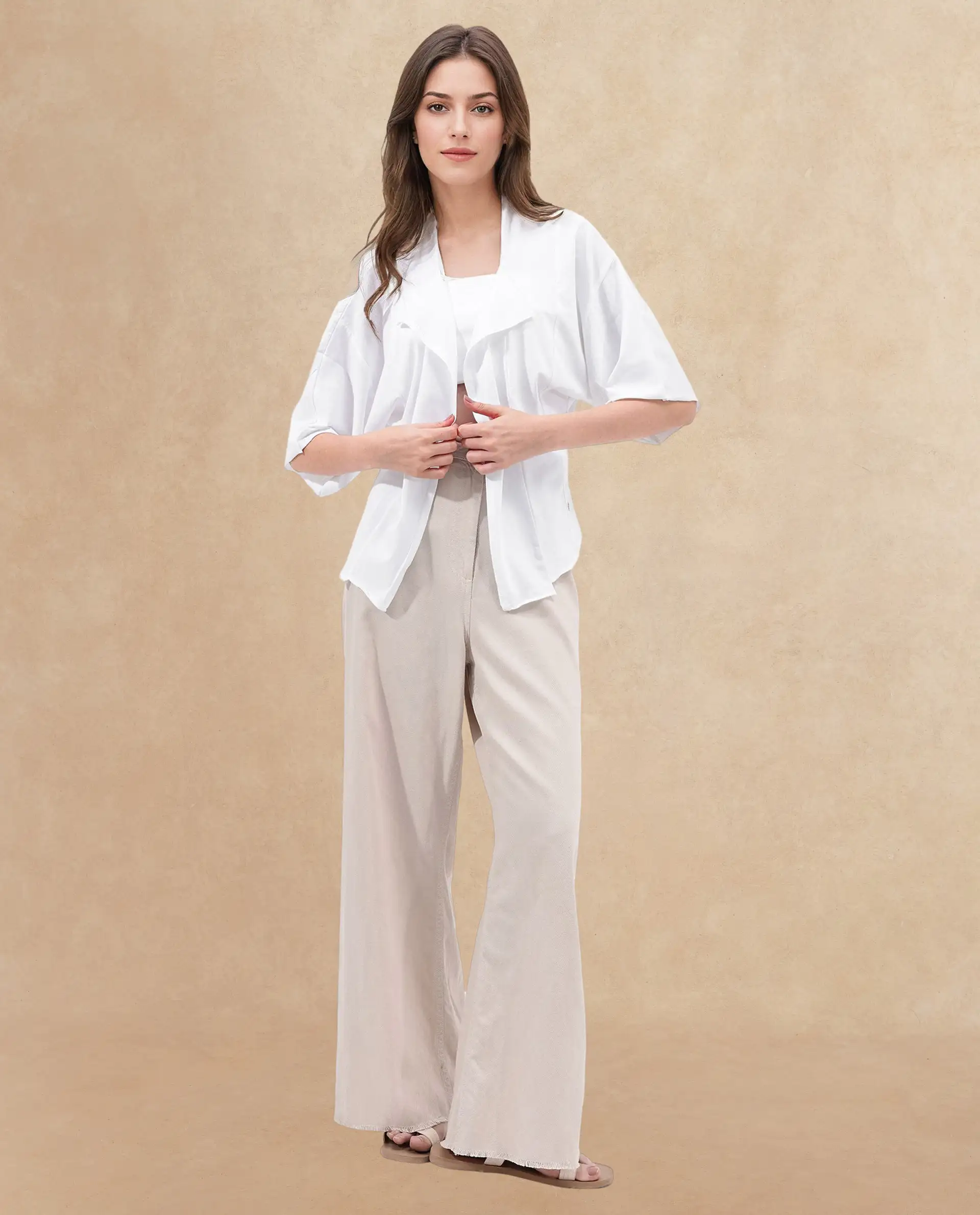 Rareism Women's Nirv White Cotton Collarless Plain Relaxed Fit Shrug - Image 6