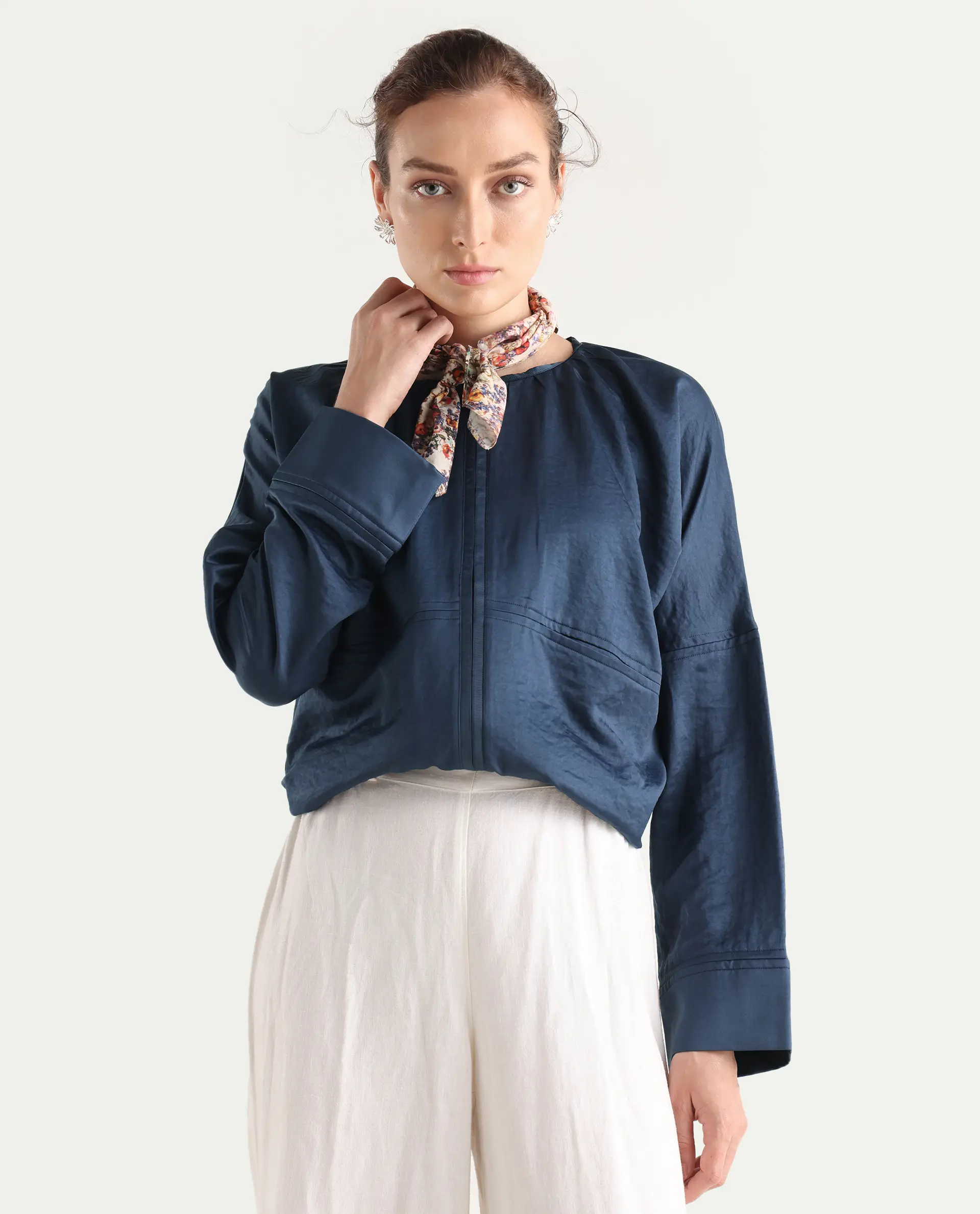 Rareism Women's Nisat Navy Polyester Round Neck Relaxed Plain Jacket