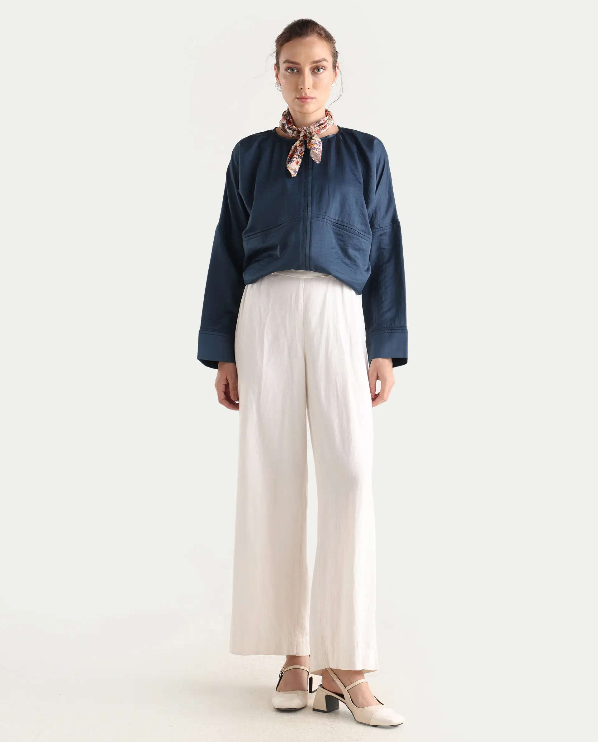 Rareism Women's Nisat Navy Polyester Round Neck Relaxed Plain Jacket - Image 2