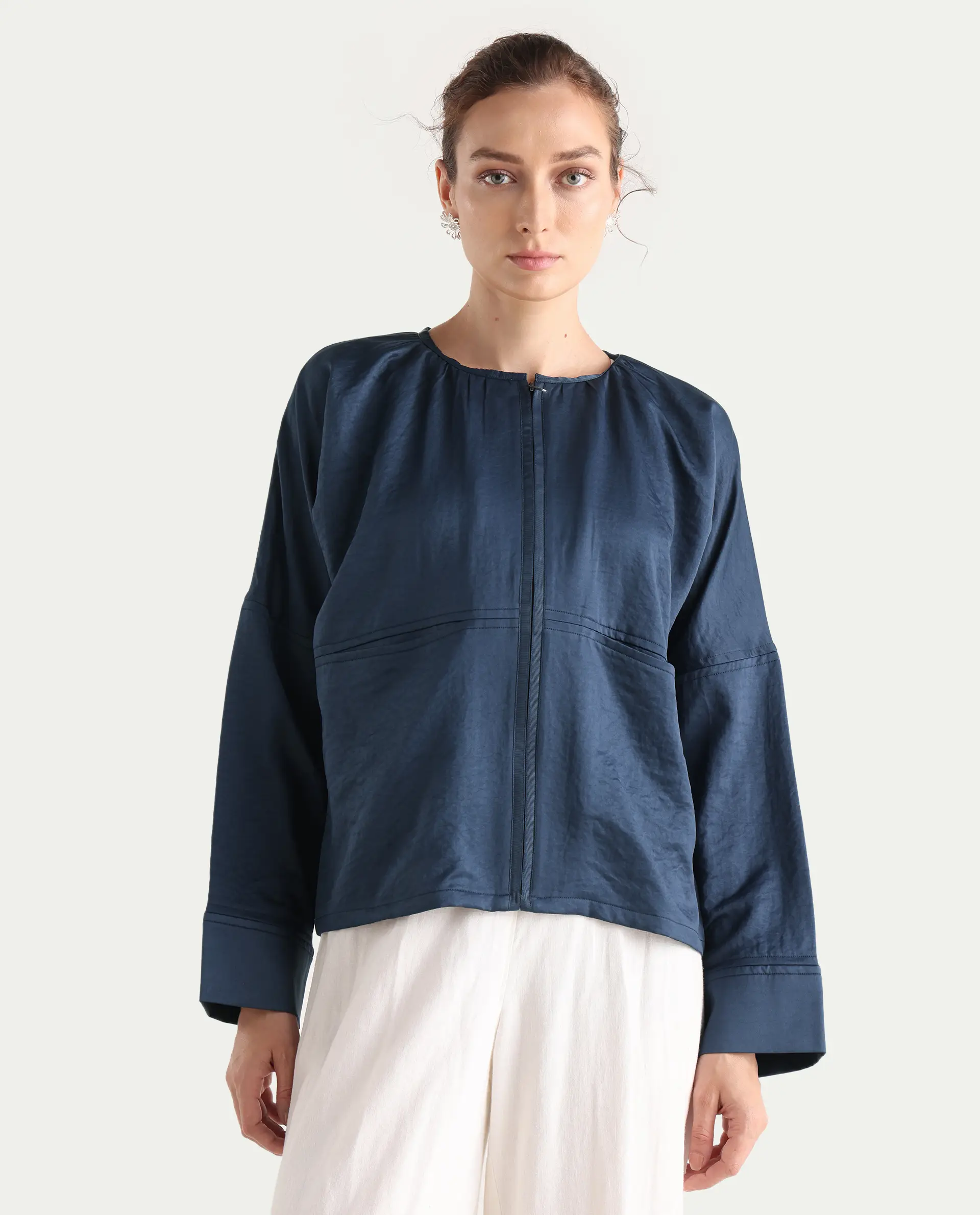Rareism Women's Nisat Navy Polyester Round Neck Relaxed Plain Jacket - Image 3