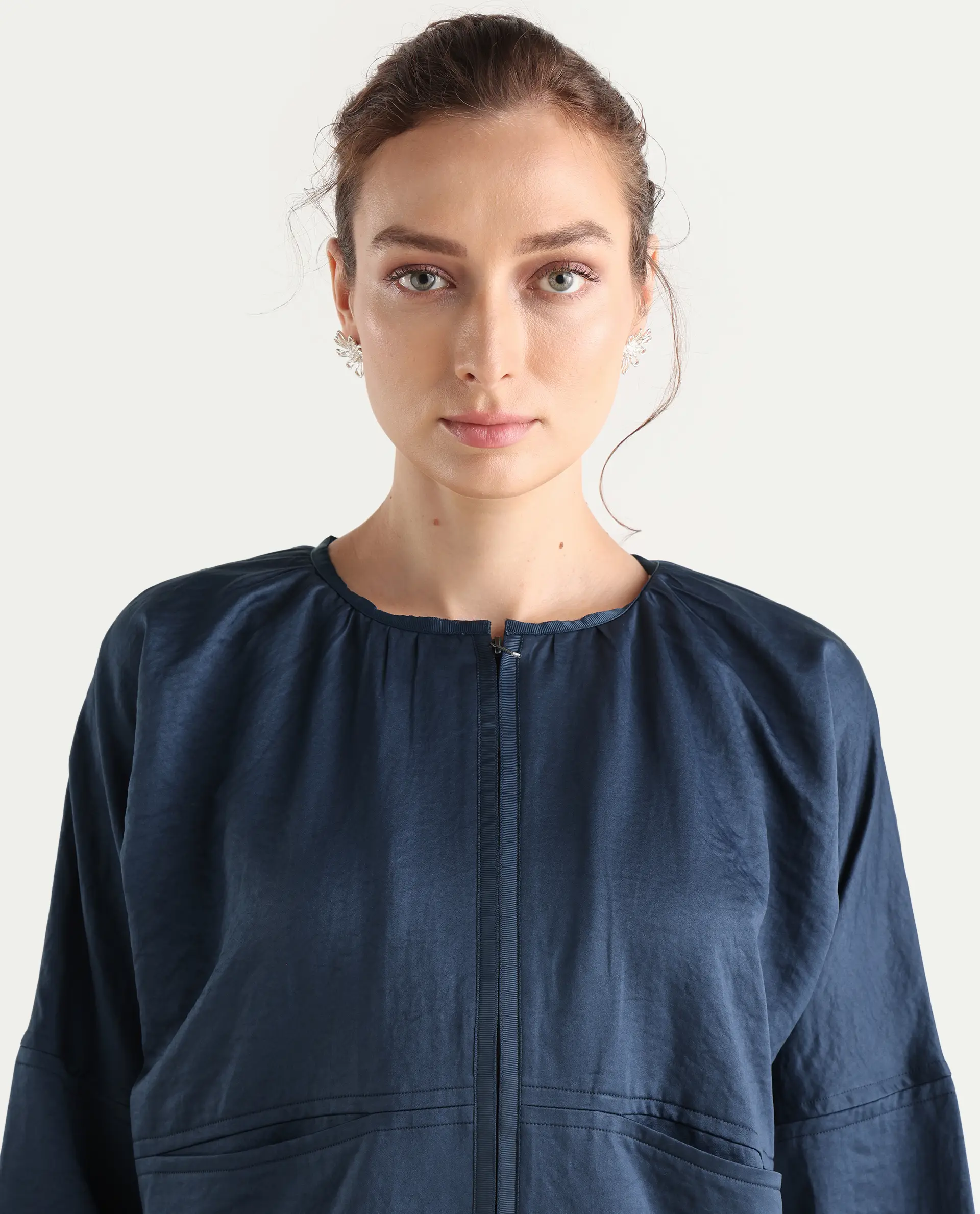 Rareism Women's Nisat Navy Polyester Round Neck Relaxed Plain Jacket - Image 4