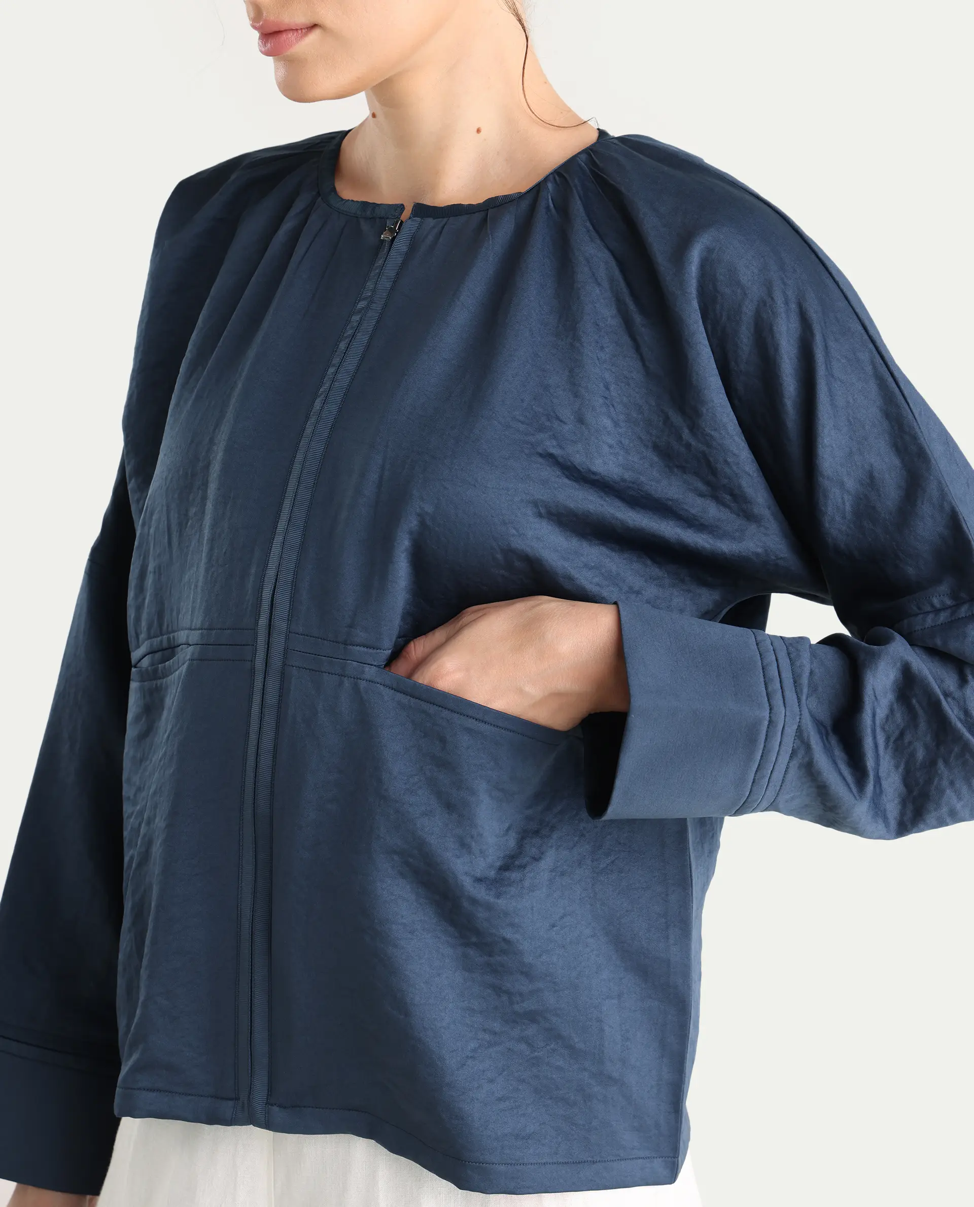 Rareism Women's Nisat Navy Polyester Round Neck Relaxed Plain Jacket - Image 5