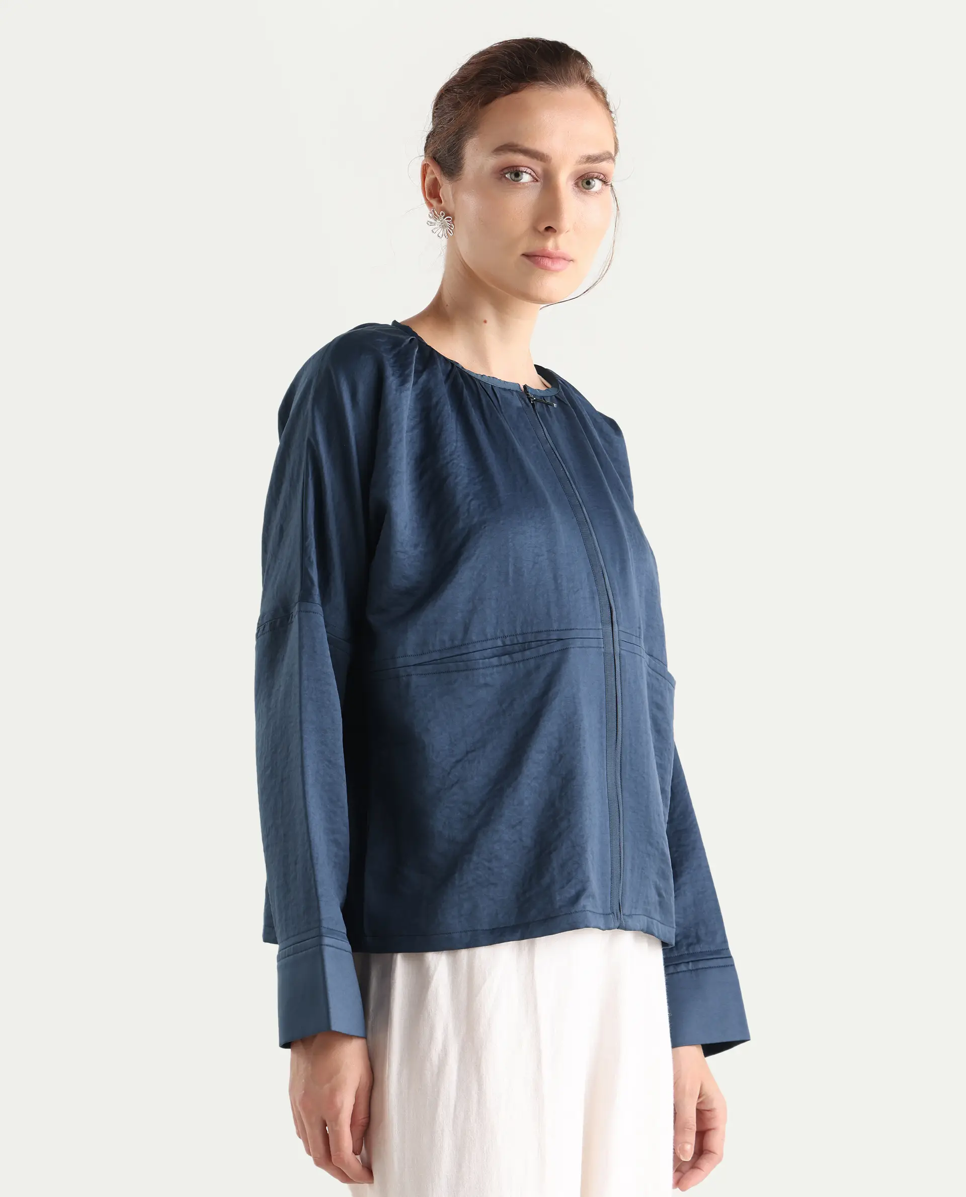 Rareism Women's Nisat Navy Polyester Round Neck Relaxed Plain Jacket - Image 6