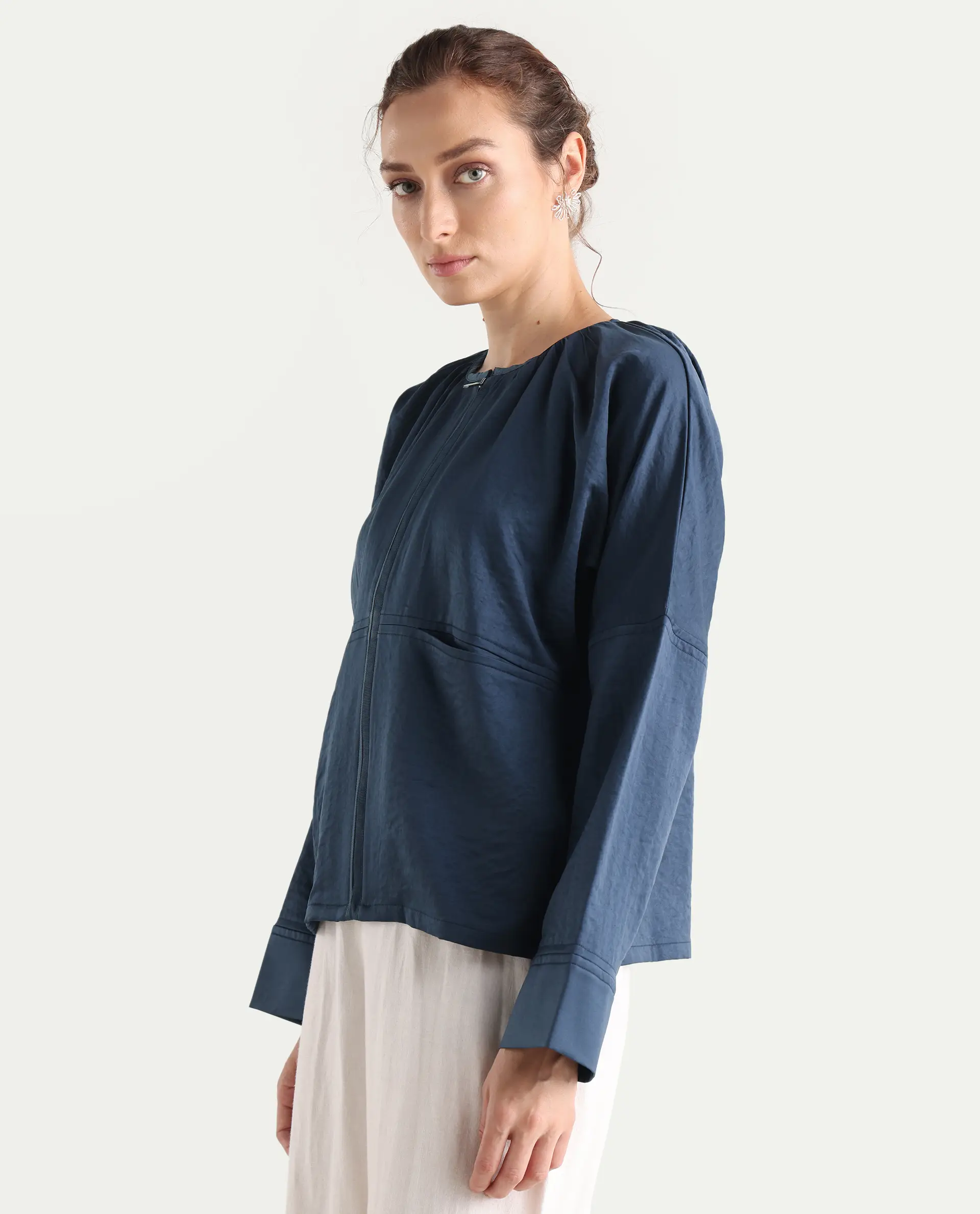 Rareism Women's Nisat Navy Polyester Round Neck Relaxed Plain Jacket - Image 7