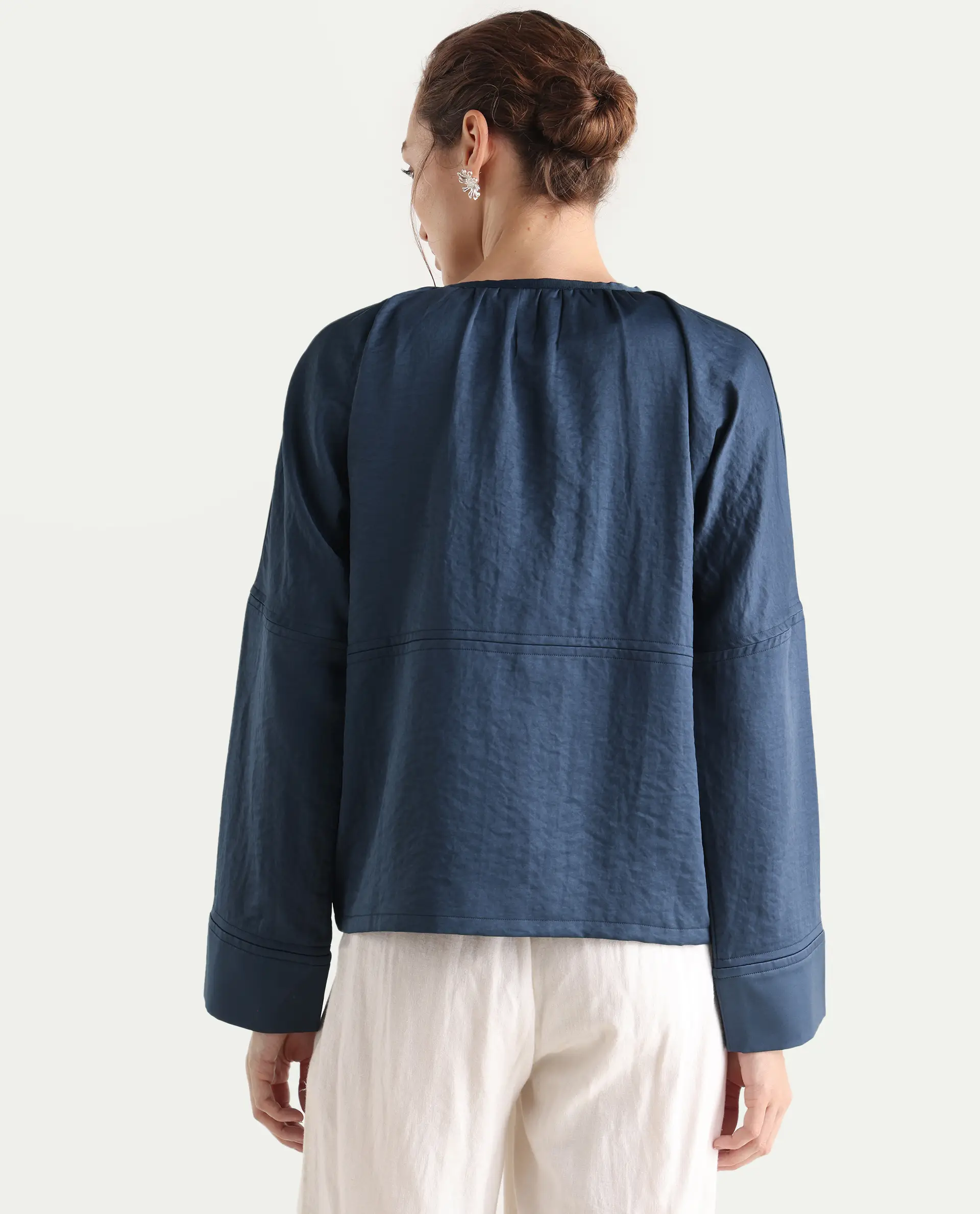Rareism Women's Nisat Navy Polyester Round Neck Relaxed Plain Jacket - Image 8
