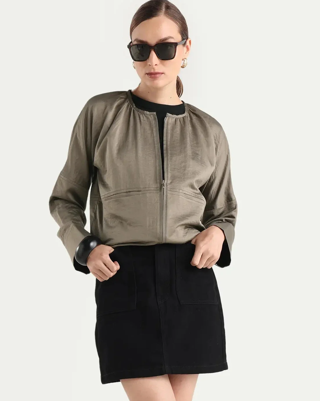 Rareism Women's Nisat Olive Polyester Round Neck Relaxed Plain Jacket