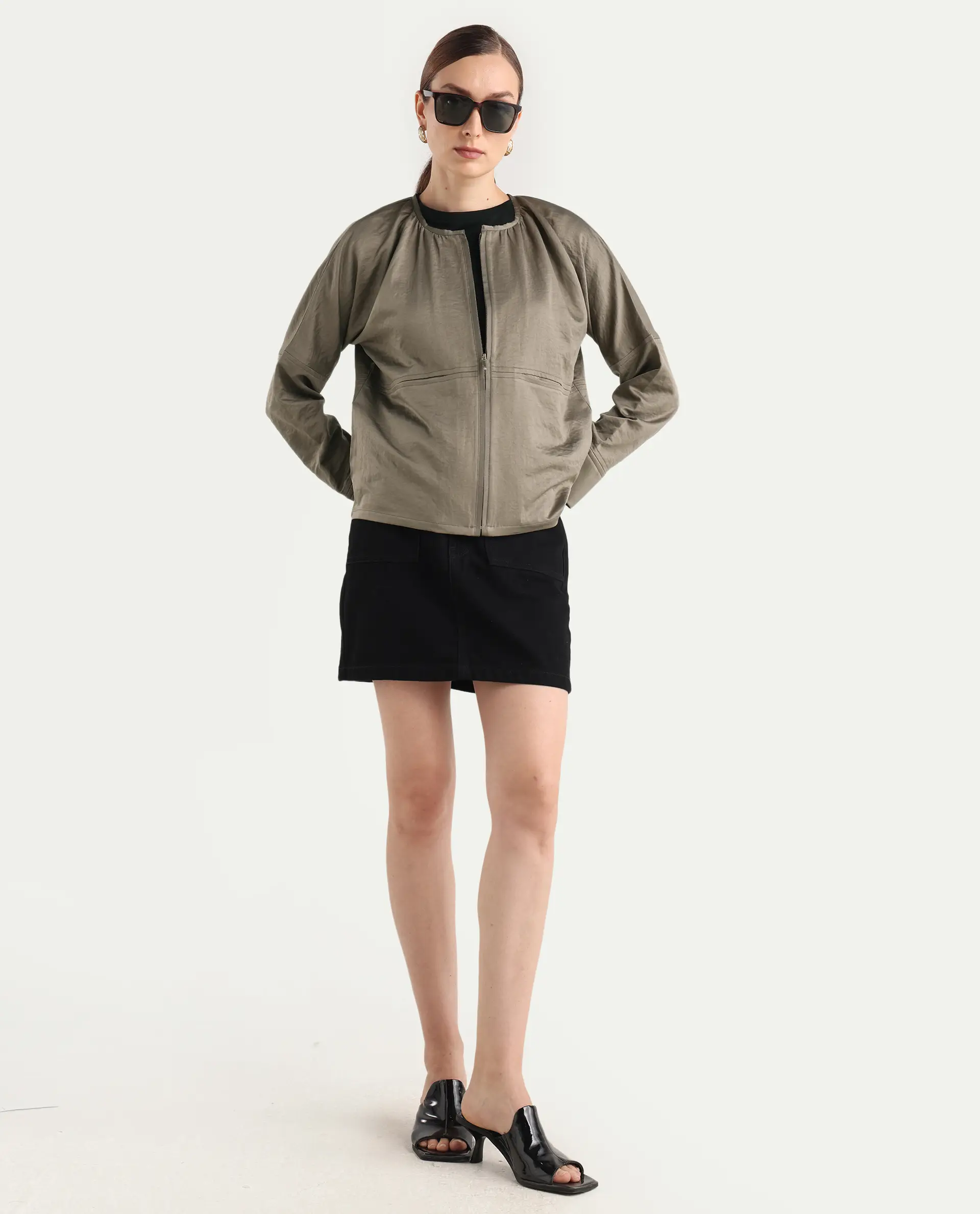 Rareism Women's Nisat Olive Polyester Round Neck Relaxed Plain Jacket - Image 2