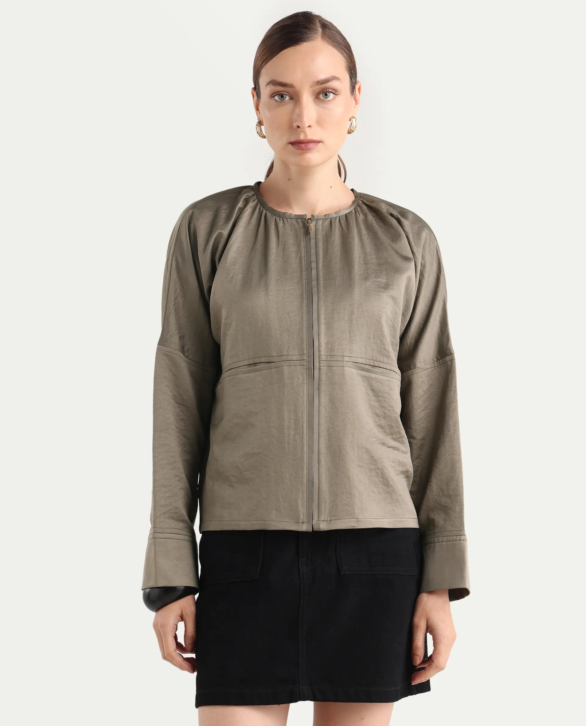 Rareism Women's Nisat Olive Polyester Round Neck Relaxed Plain Jacket - Image 3