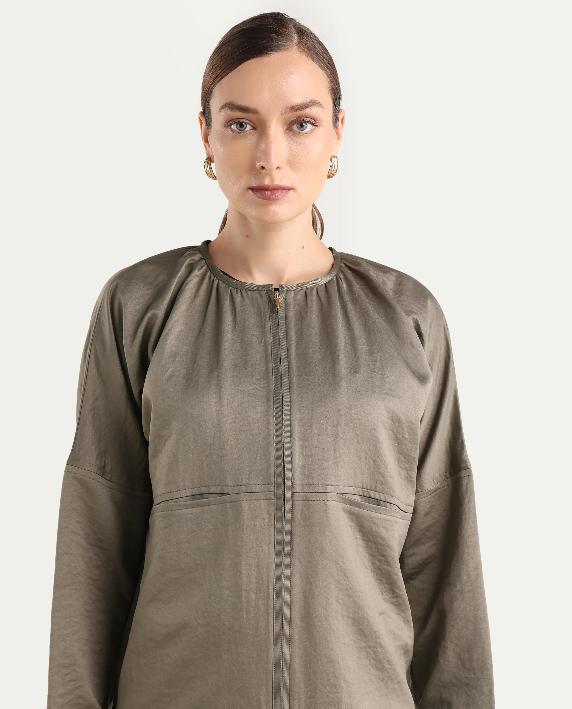 Rareism Women's Nisat Olive Polyester Round Neck Relaxed Plain Jacket - Image 4
