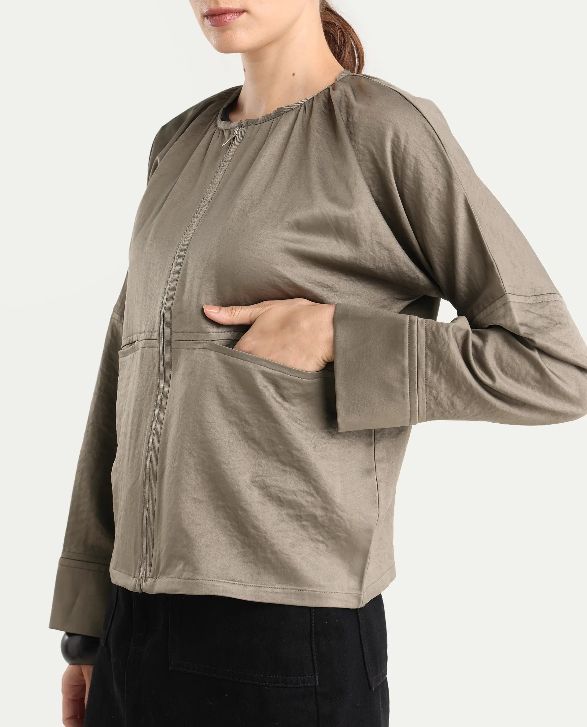 Rareism Women's Nisat Olive Polyester Round Neck Relaxed Plain Jacket - Image 5