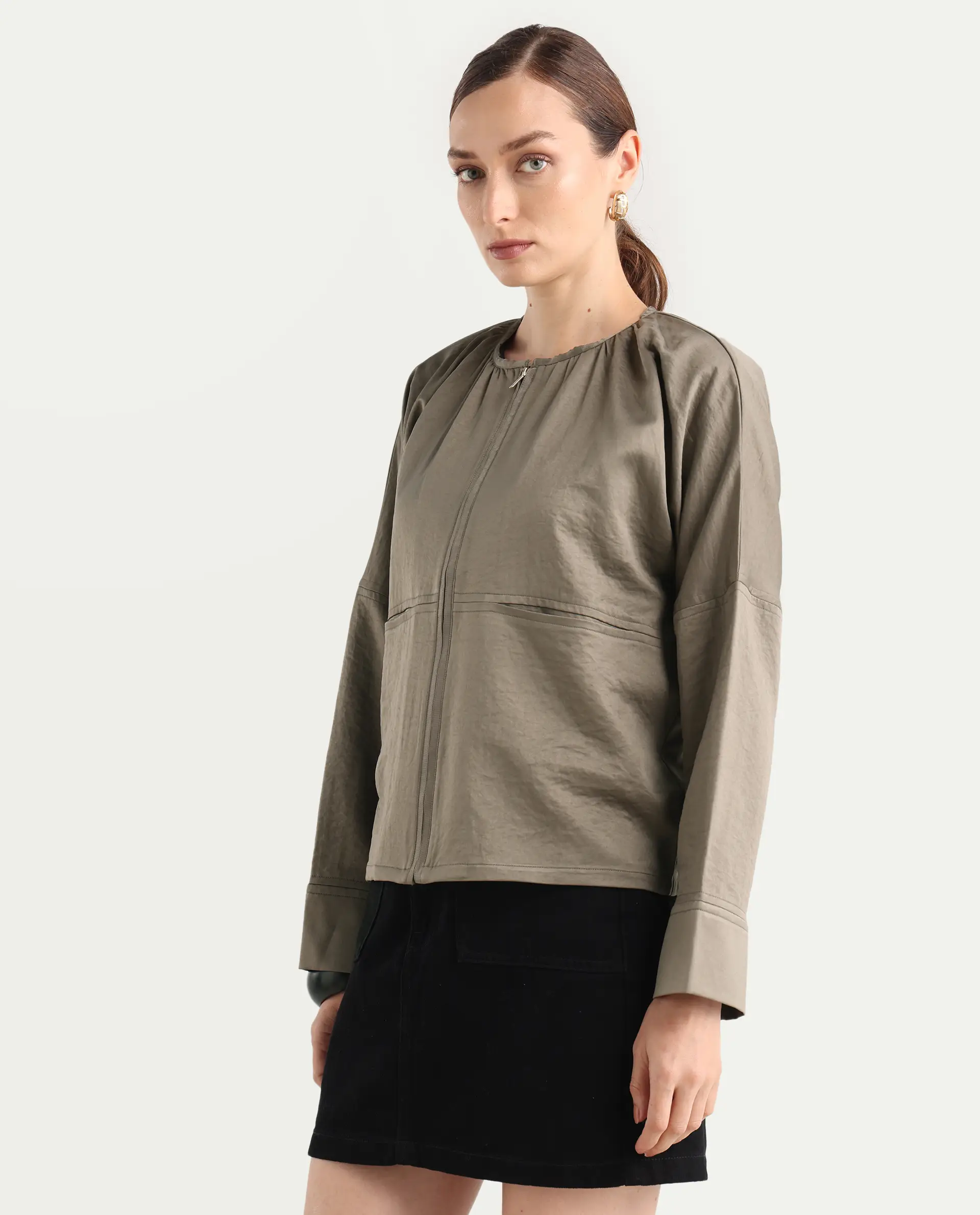 Rareism Women's Nisat Olive Polyester Round Neck Relaxed Plain Jacket - Image 6